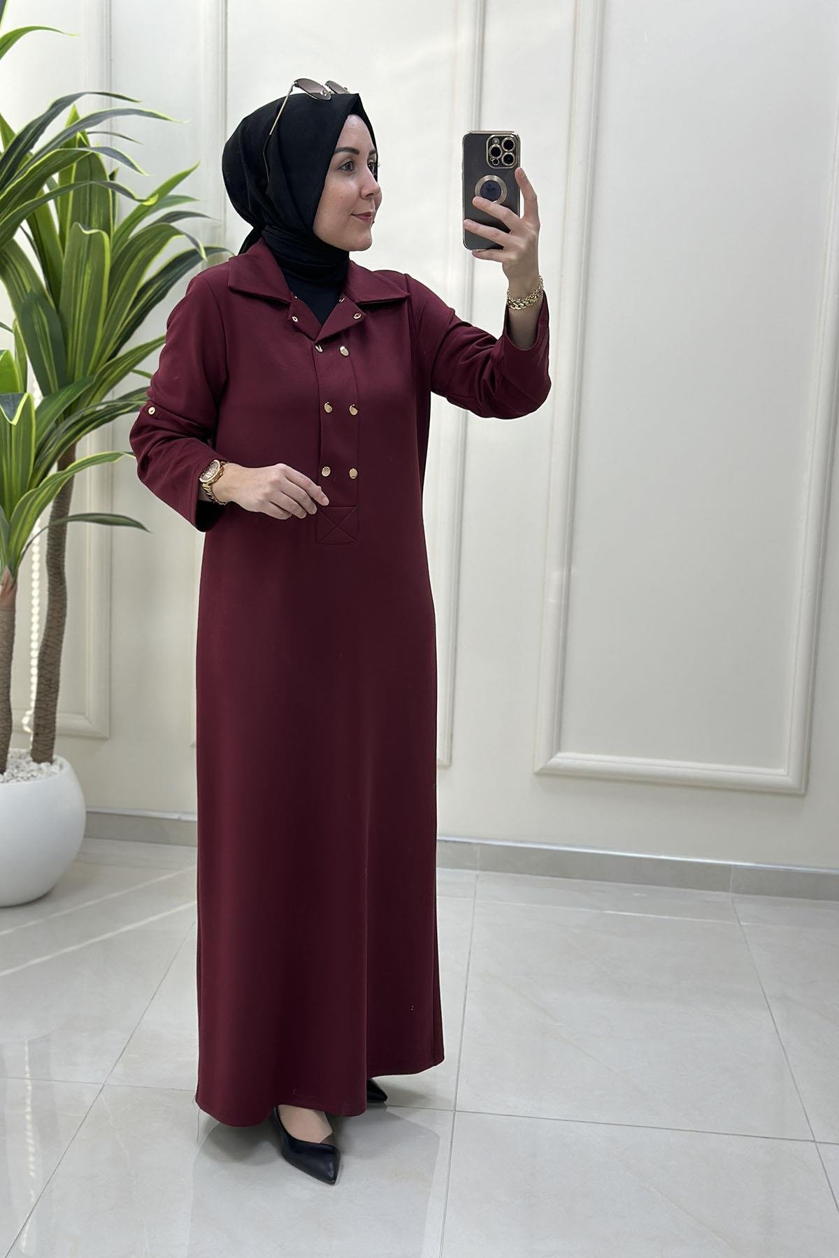 Tesettür ElbiseKatlama Kol Önü Çıtçıtlı Kadın Oysho Elbise Bordo VOL 1612