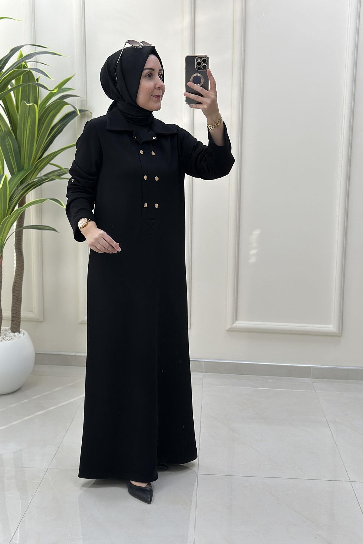 Tesettür ElbiseKatlama Kol Önü Çıtçıtlı Kadın Oysho Elbise Siyah VOL 1612