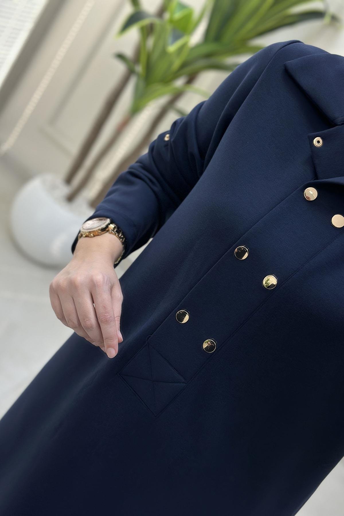 Tesettür ElbiseKatlama Kol Önü Çıtçıtlı Kadın Oysho Elbise Lacivert VOL 1612