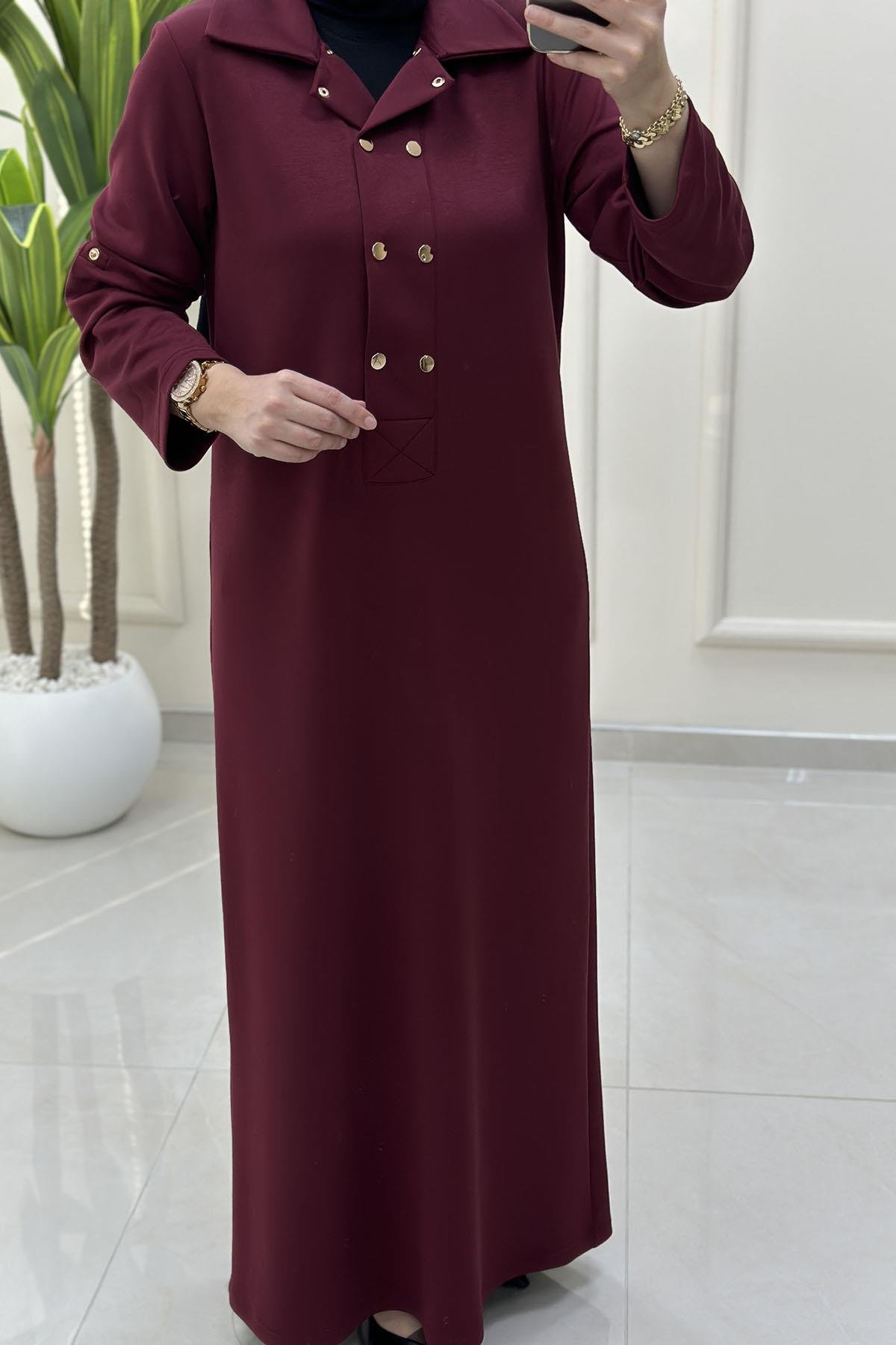 Tesettür ElbiseKatlama Kol Önü Çıtçıtlı Kadın Oysho Elbise Bordo VOL 1612