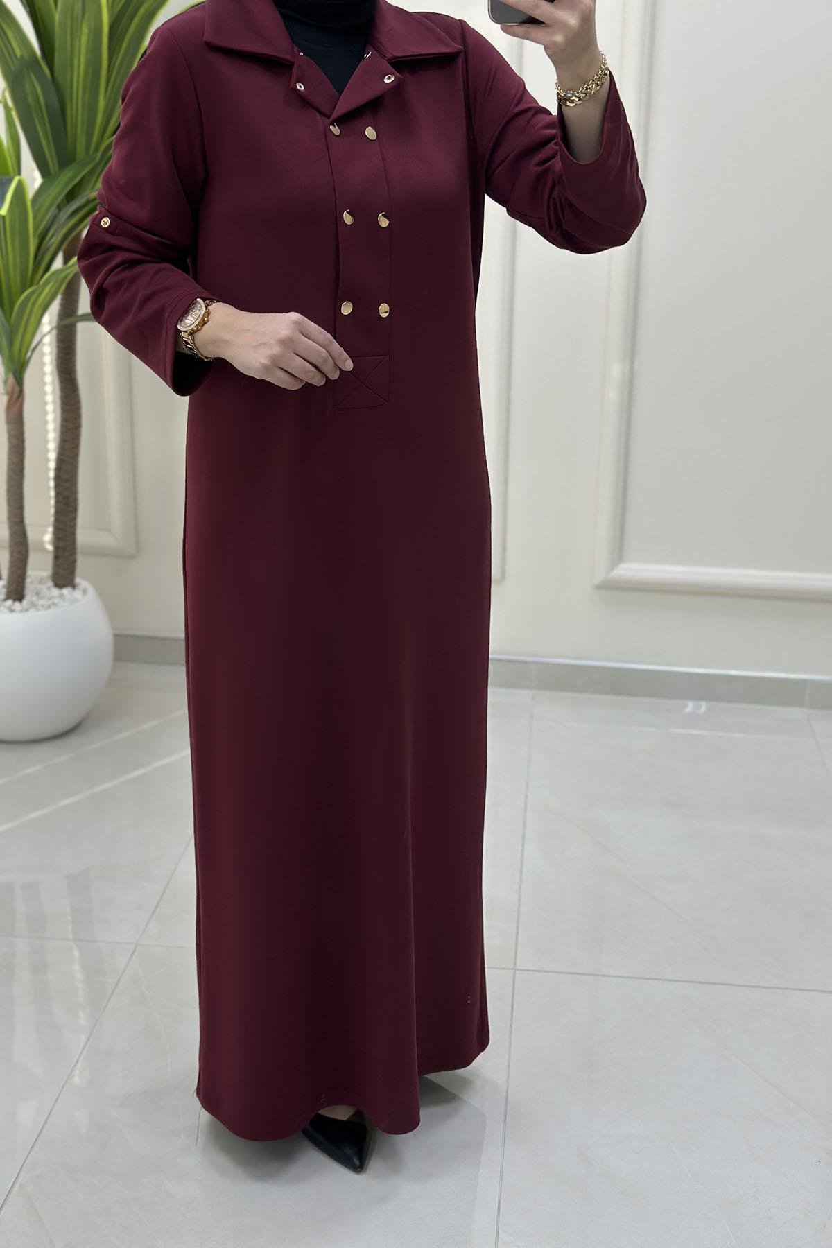 Tesettür ElbiseKatlama Kol Önü Çıtçıtlı Kadın Oysho Elbise Bordo VOL 1612