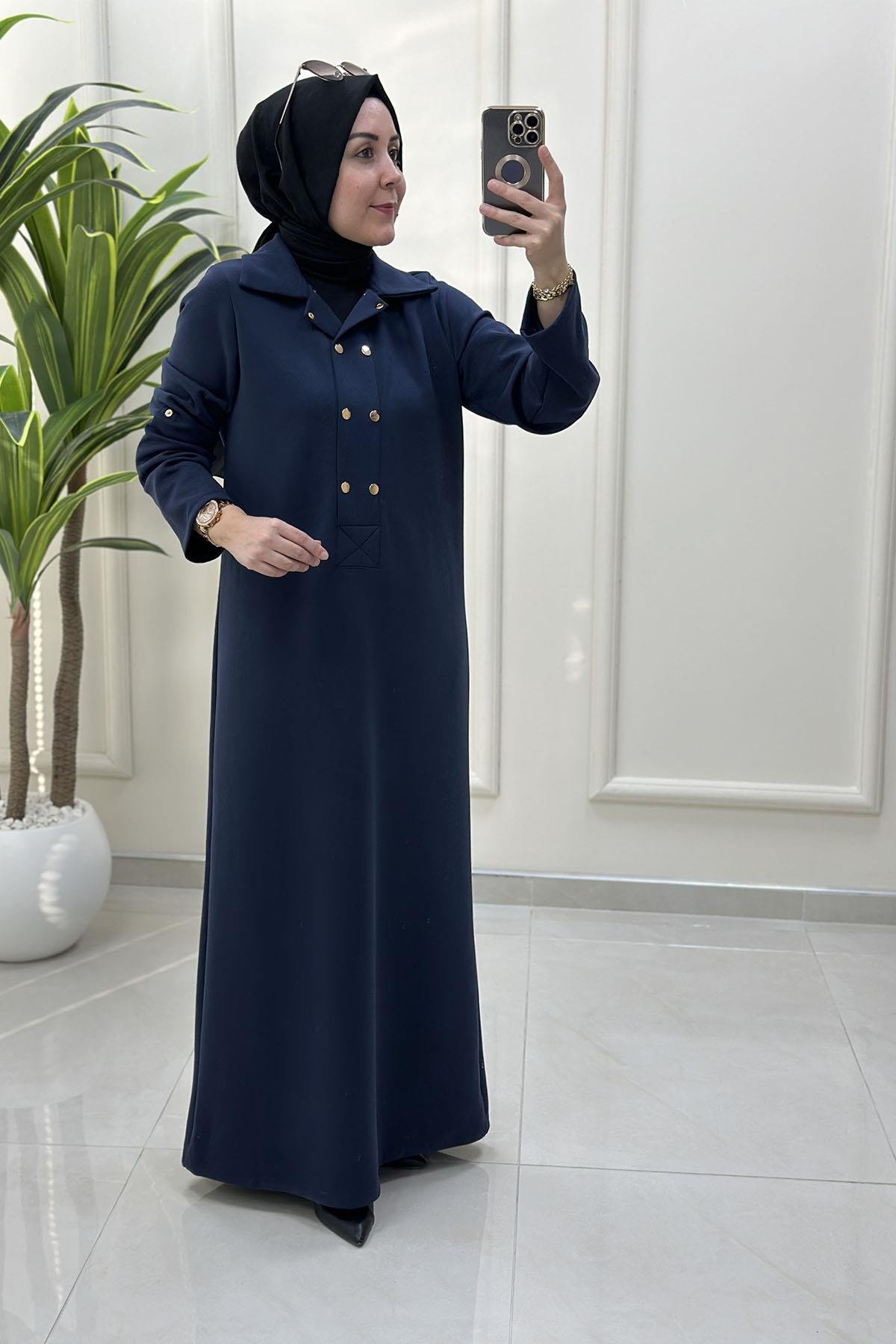 Tesettür ElbiseKatlama Kol Önü Çıtçıtlı Kadın Oysho Elbise Lacivert VOL 1612