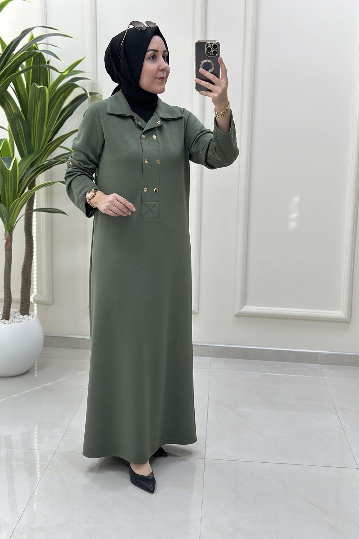 Tesettür ElbiseKatlama Kol Önü Çıtçıtlı Kadın Oysho Elbise Haki VOL 1612
