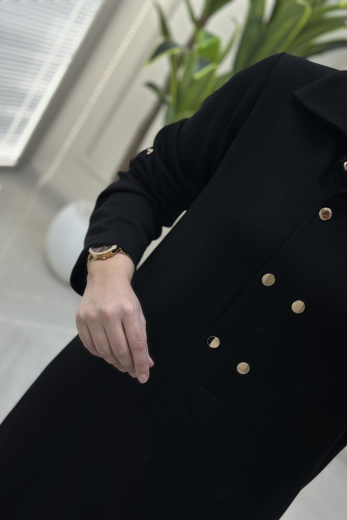 Tesettür ElbiseKatlama Kol Önü Çıtçıtlı Kadın Oysho Elbise Siyah VOL 1612