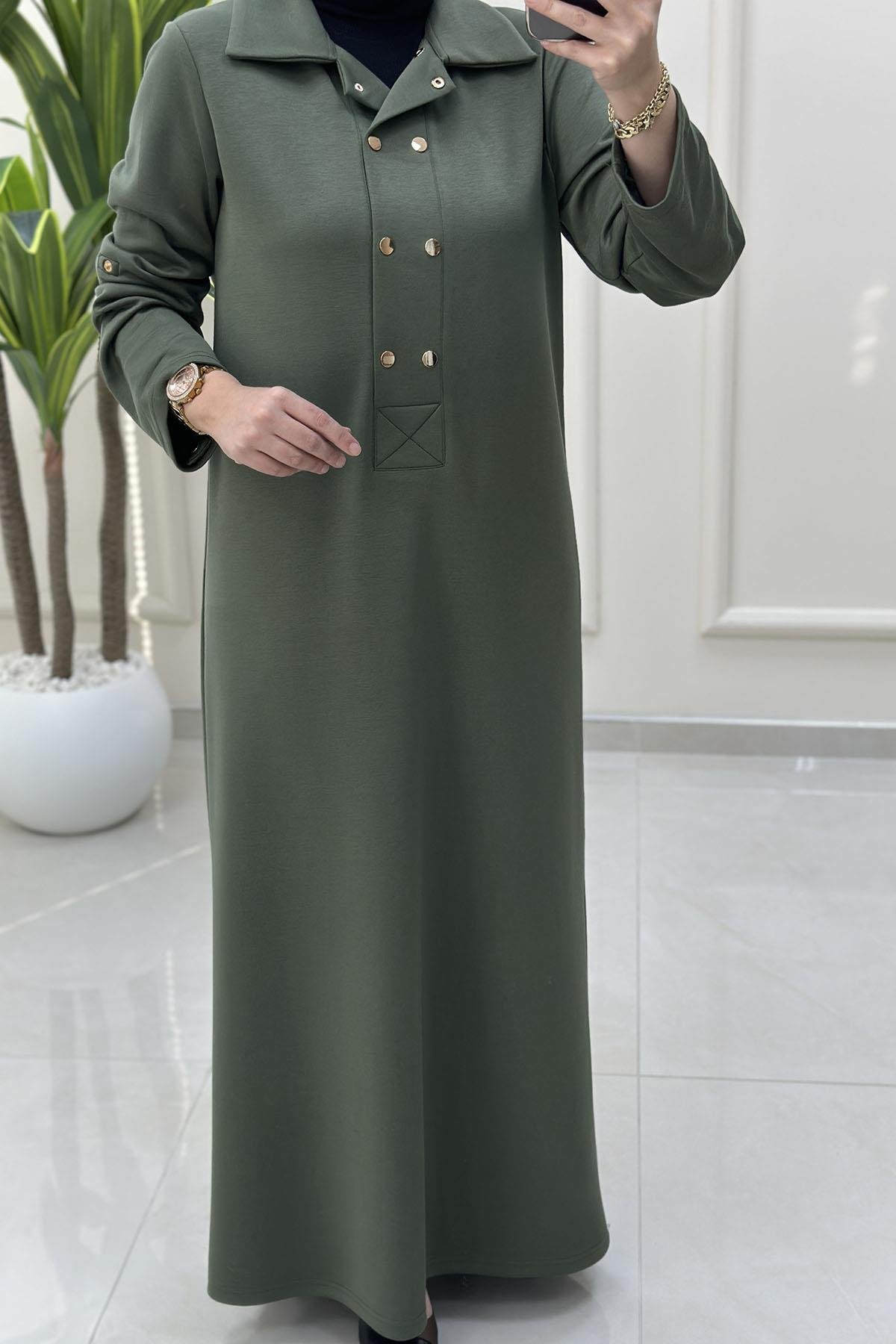 Tesettür ElbiseKatlama Kol Önü Çıtçıtlı Kadın Oysho Elbise Haki VOL 1612