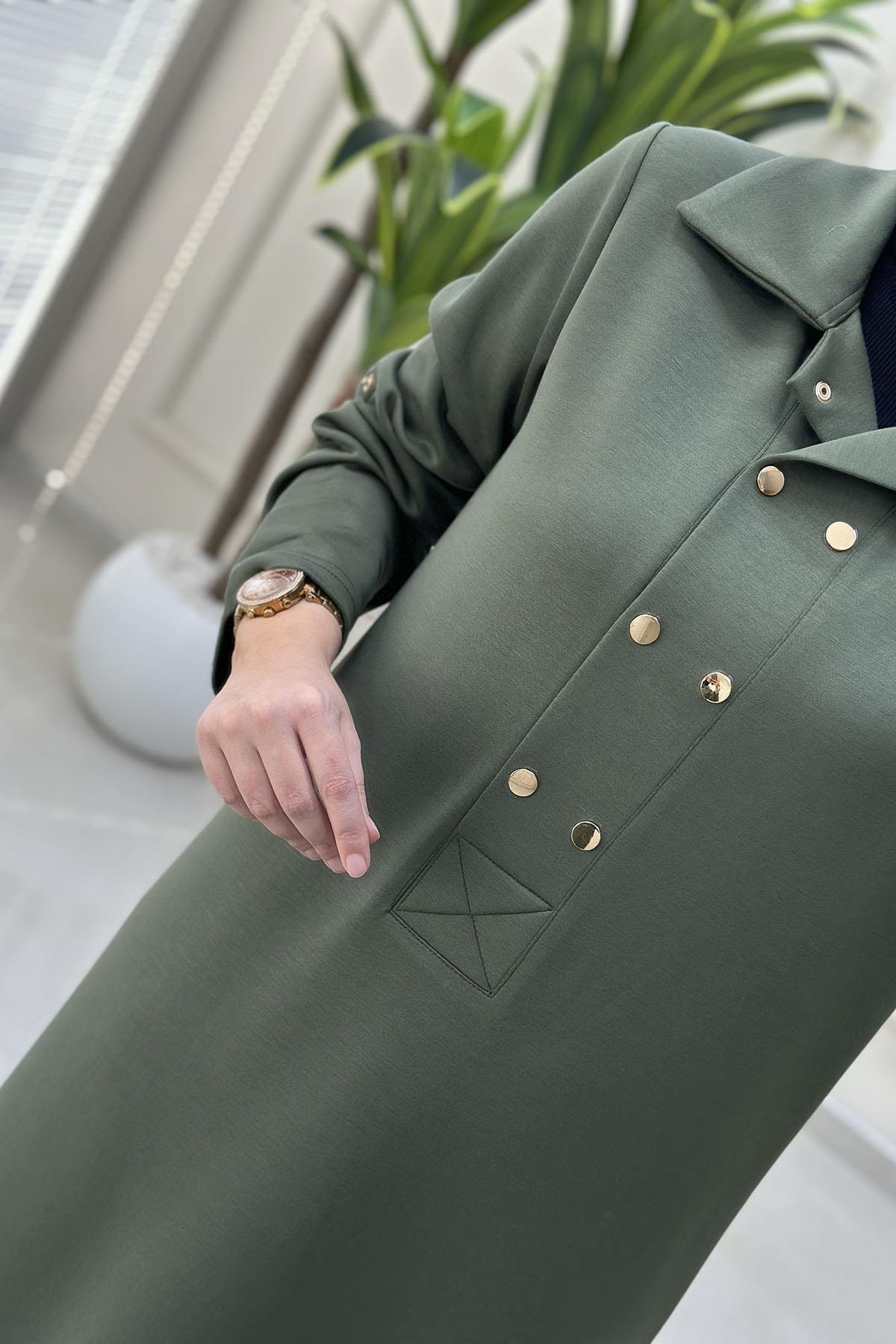 Tesettür ElbiseKatlama Kol Önü Çıtçıtlı Kadın Oysho Elbise Haki VOL 1612