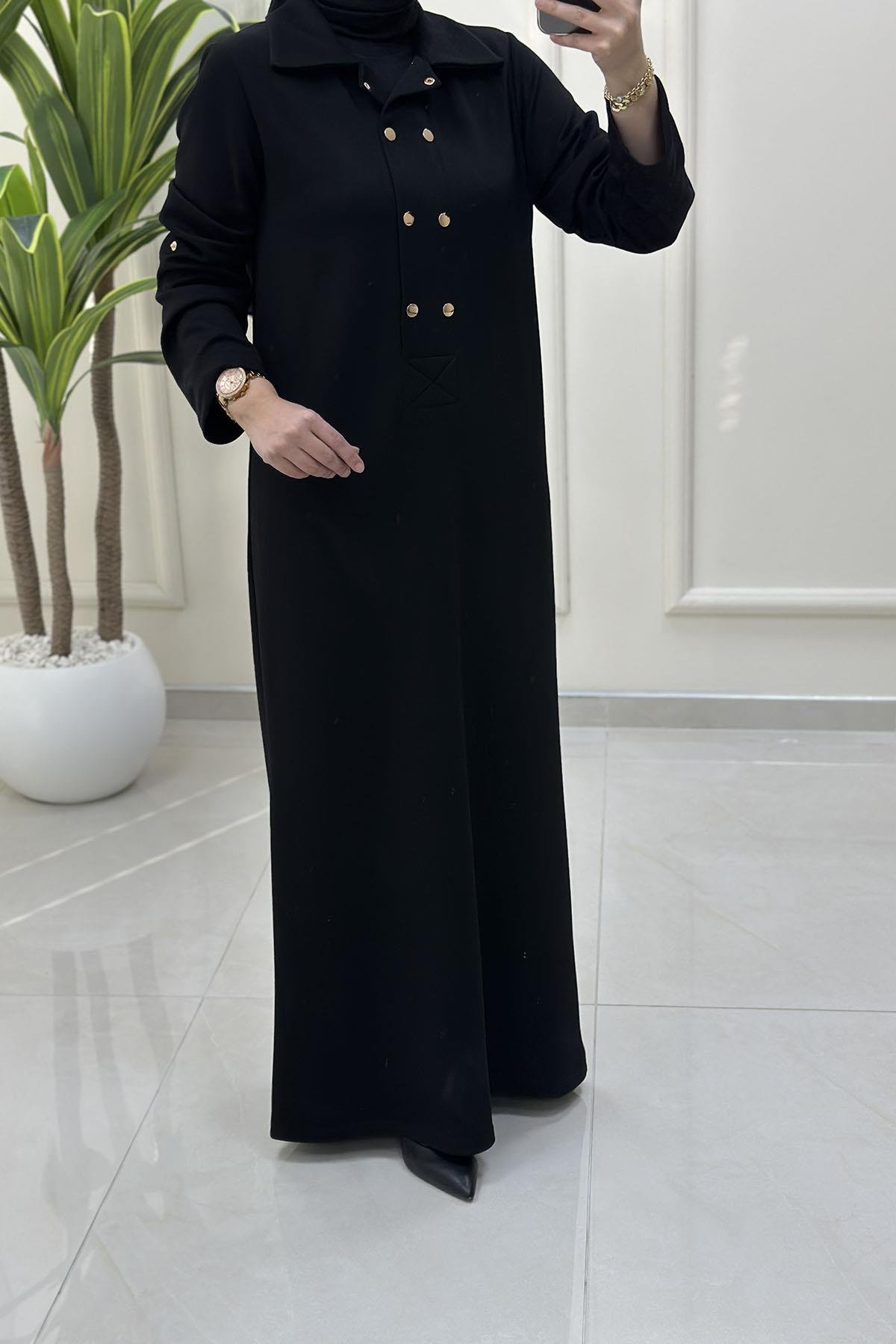 Tesettür ElbiseKatlama Kol Önü Çıtçıtlı Kadın Oysho Elbise Siyah VOL 1612