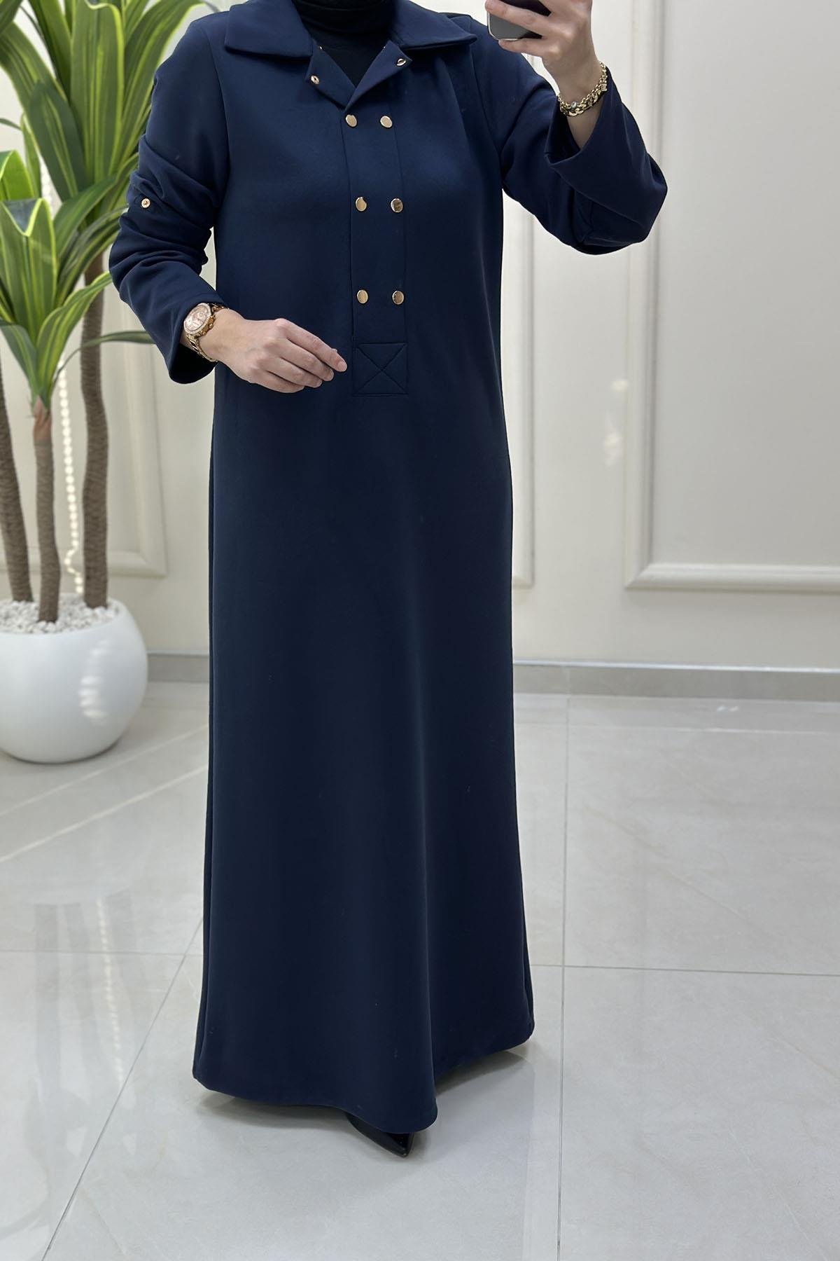 Tesettür ElbiseKatlama Kol Önü Çıtçıtlı Kadın Oysho Elbise Lacivert VOL 1612