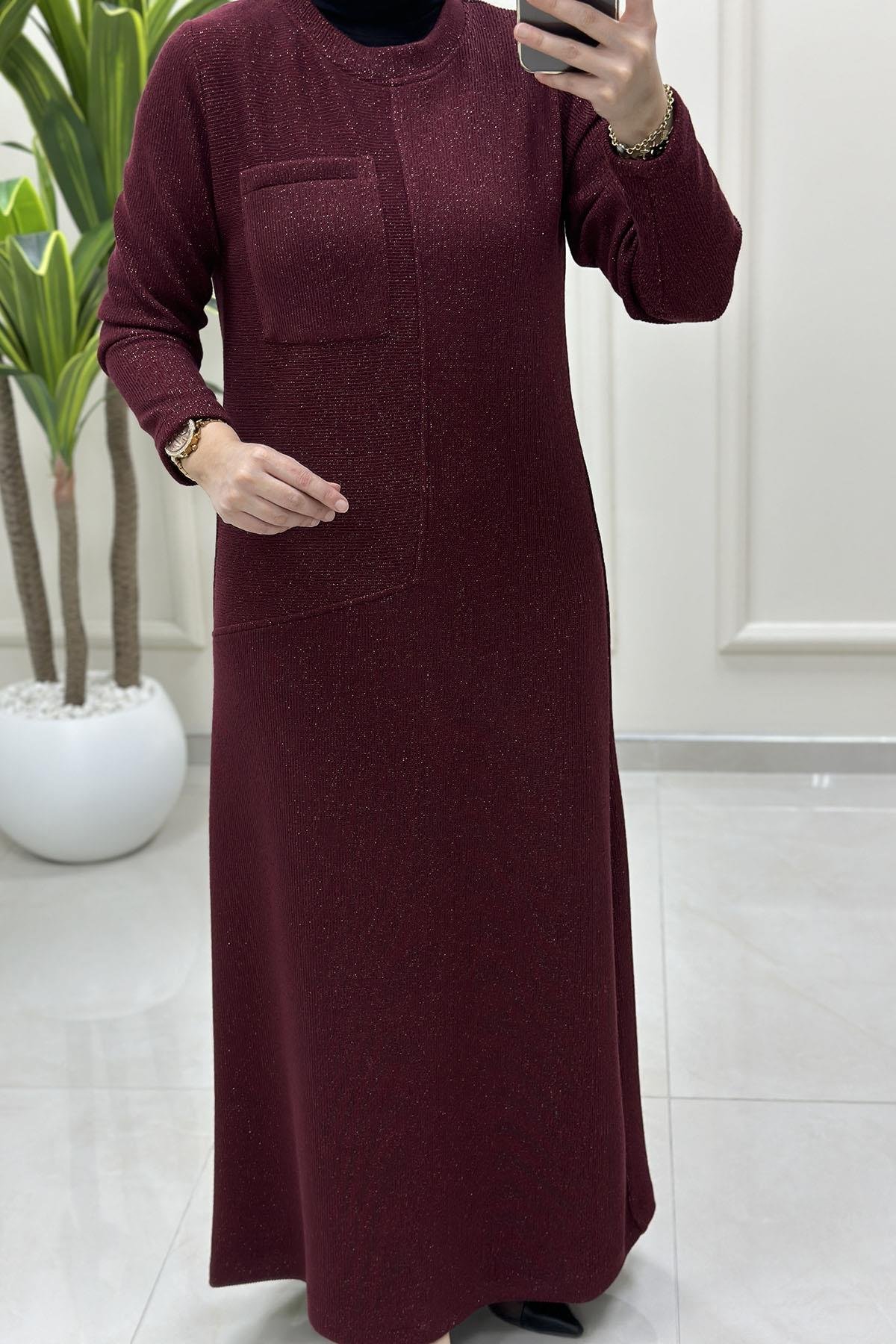 Tesettür ElbiseÖnü Cep Detaylı Örme Kadın Elbise Bordo ALS 5221