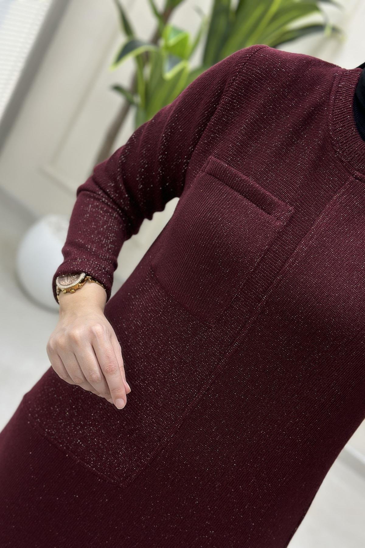 Tesettür ElbiseÖnü Cep Detaylı Örme Kadın Elbise Bordo ALS 5221