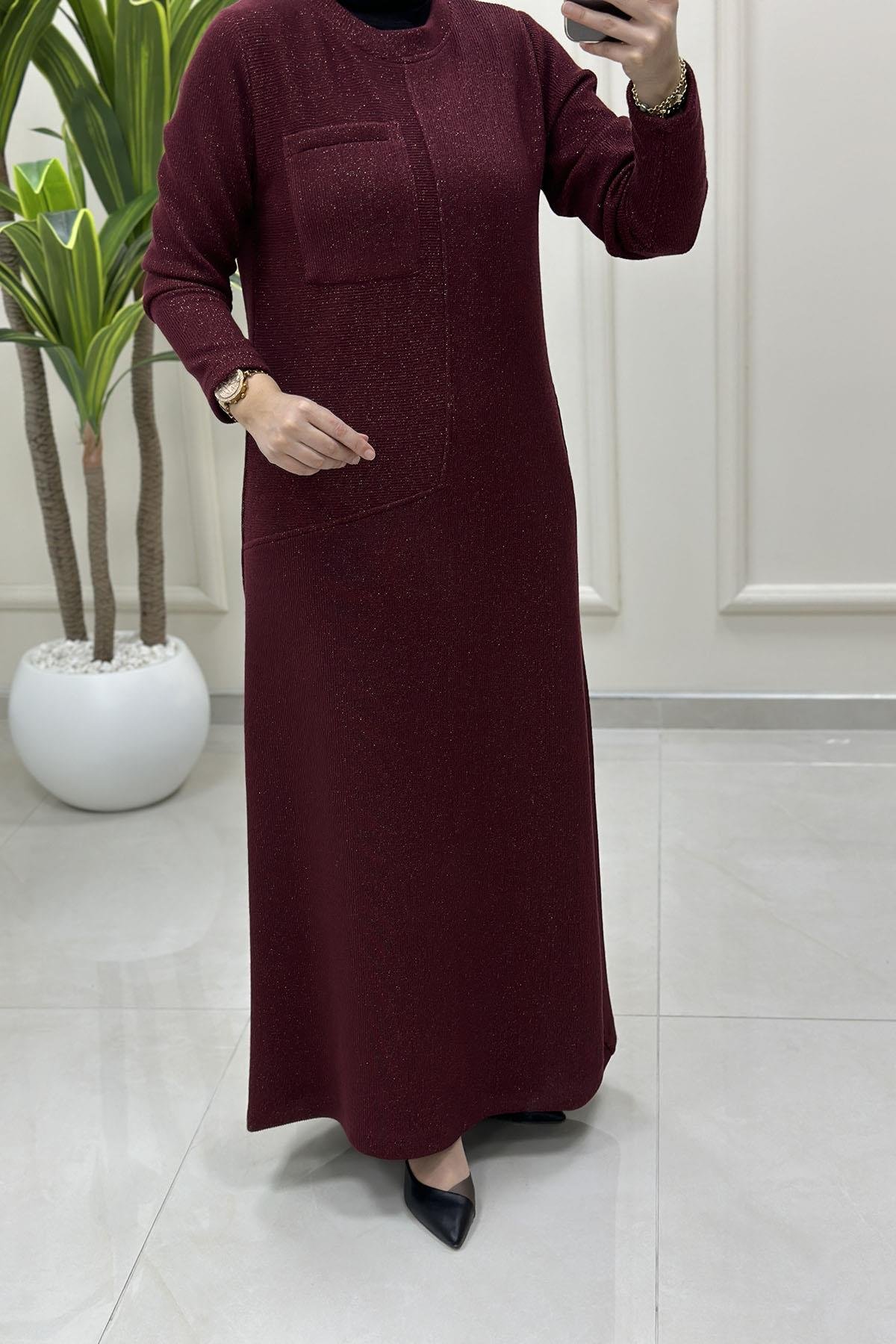 Tesettür ElbiseÖnü Cep Detaylı Örme Kadın Elbise Bordo ALS 5221