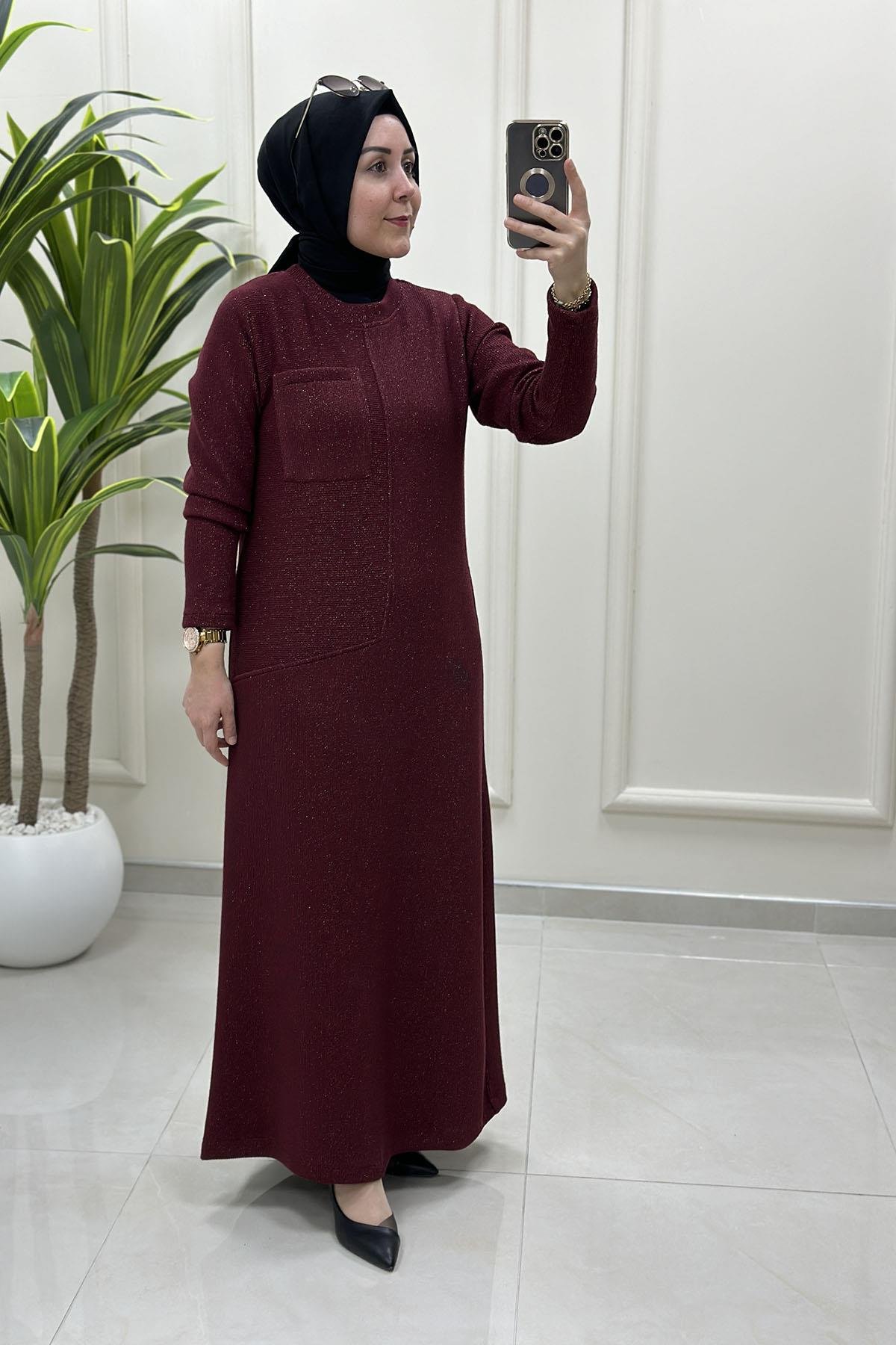 Tesettür ElbiseÖnü Cep Detaylı Örme Kadın Elbise Bordo ALS 5221