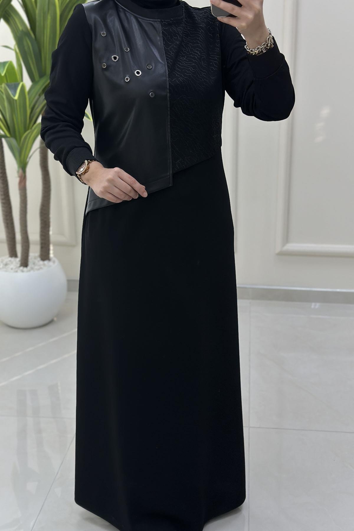 Tesettür ElbiseÖnü Deri Kombinli Yaka Ribanalı Kadın Elbise Siyah CNR 2251