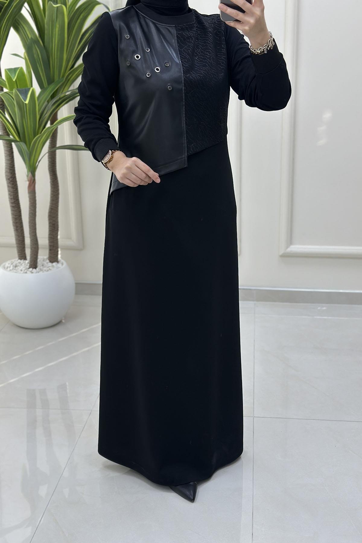 Tesettür ElbiseÖnü Deri Kombinli Yaka Ribanalı Kadın Elbise Siyah CNR 2251