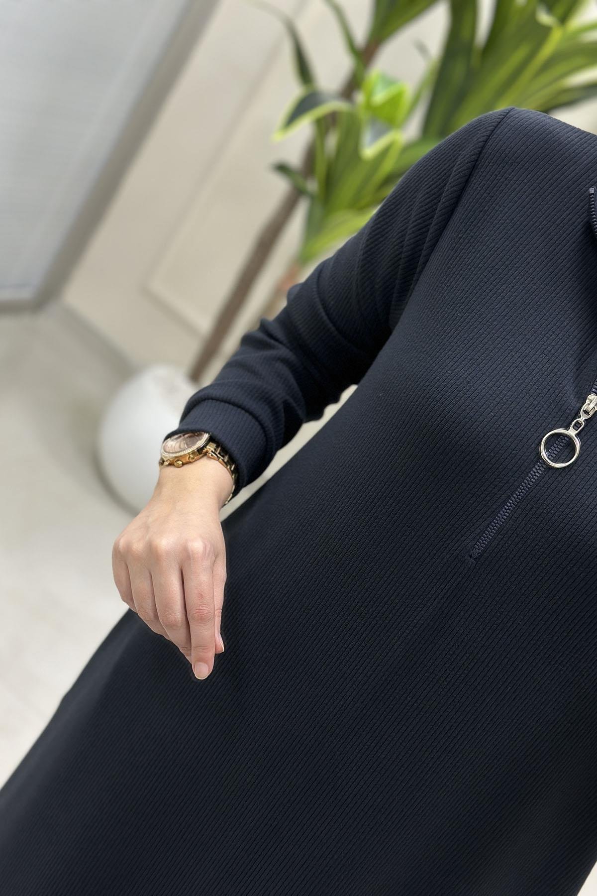 Tesettür ElbiseÖnü Yarım Fermuarlı Cepli Kadın Elbise Antrasit KADO 257102