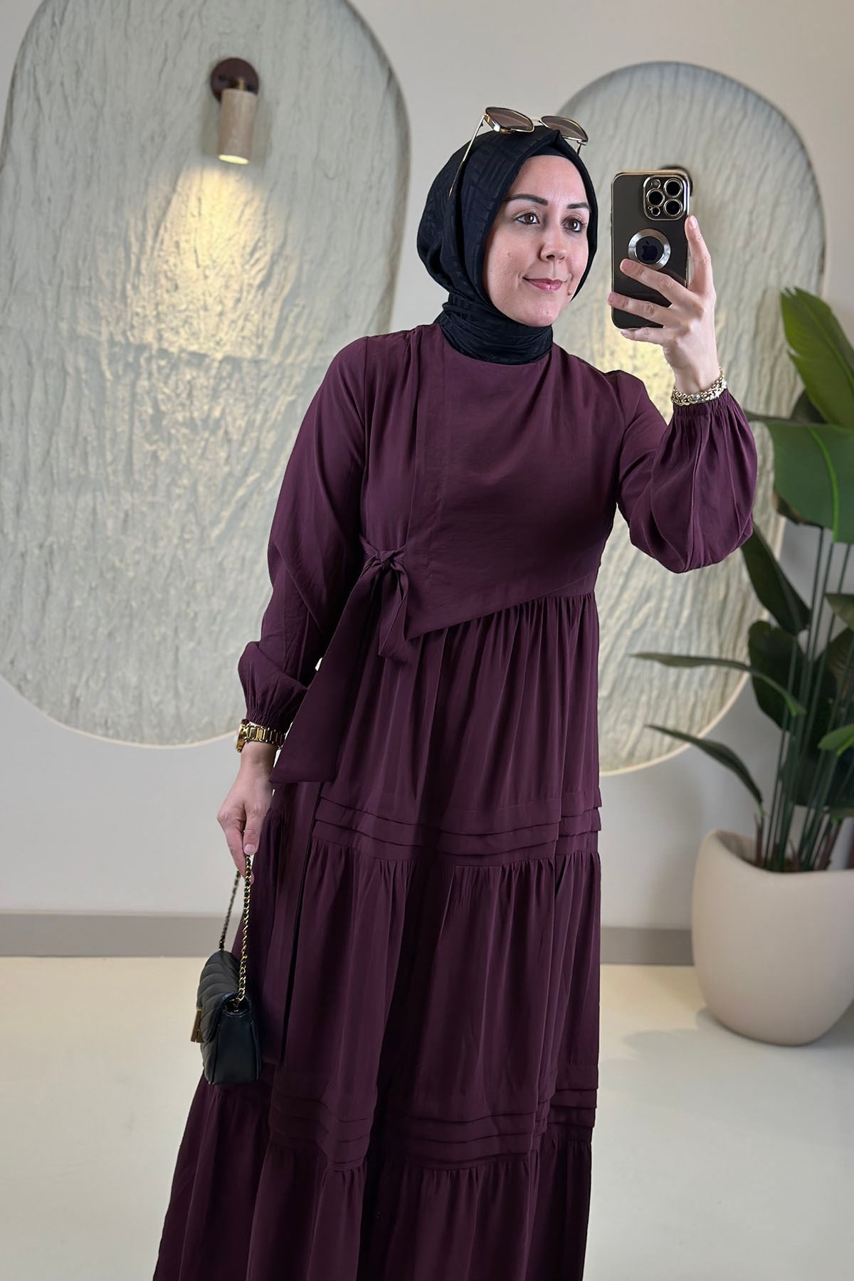 Tesettür ElbiseTensel Yandan Bağlamalı Fırfırlı Kadın Elbise Bordo NSH 5309