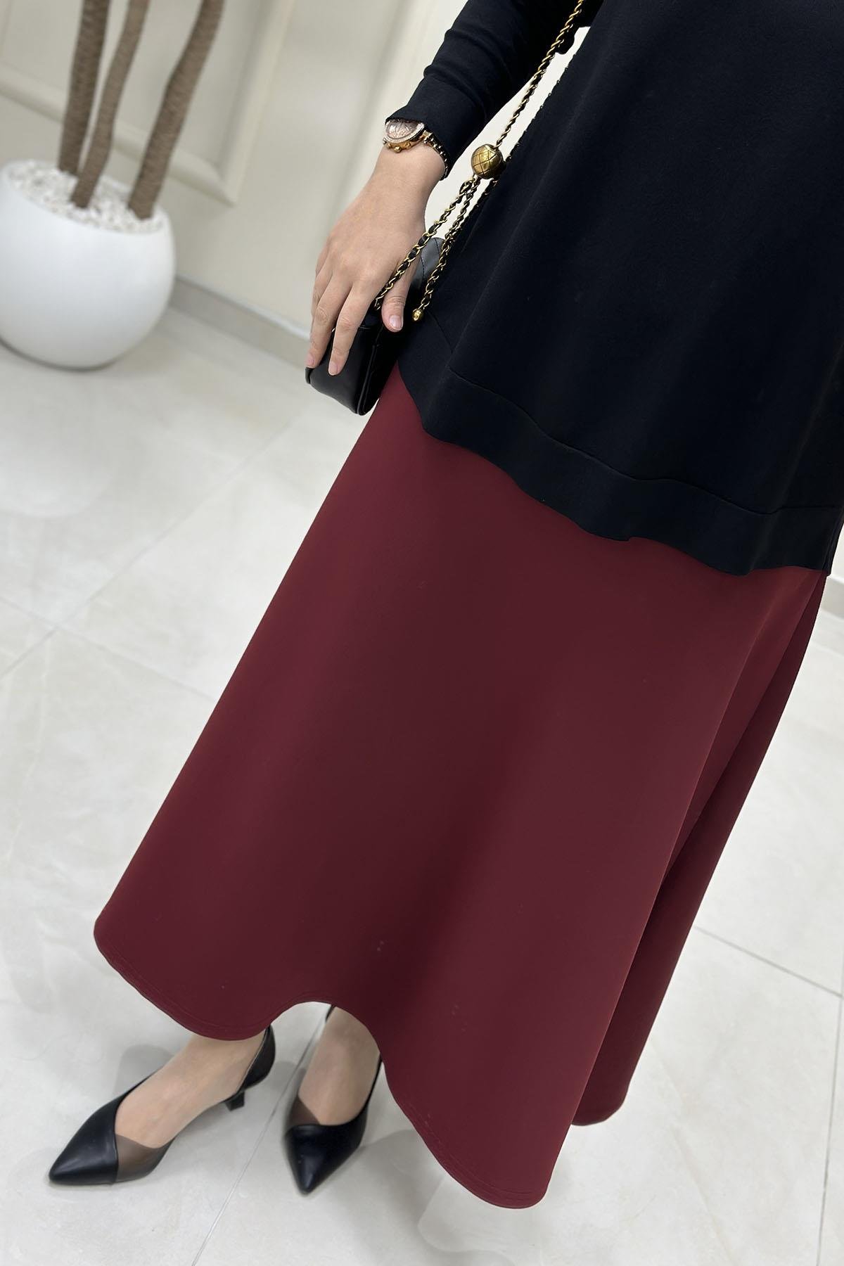 Tesettür EtekBeli Lastikli A Kesim Scuba Etek Bordo AVZ 2600