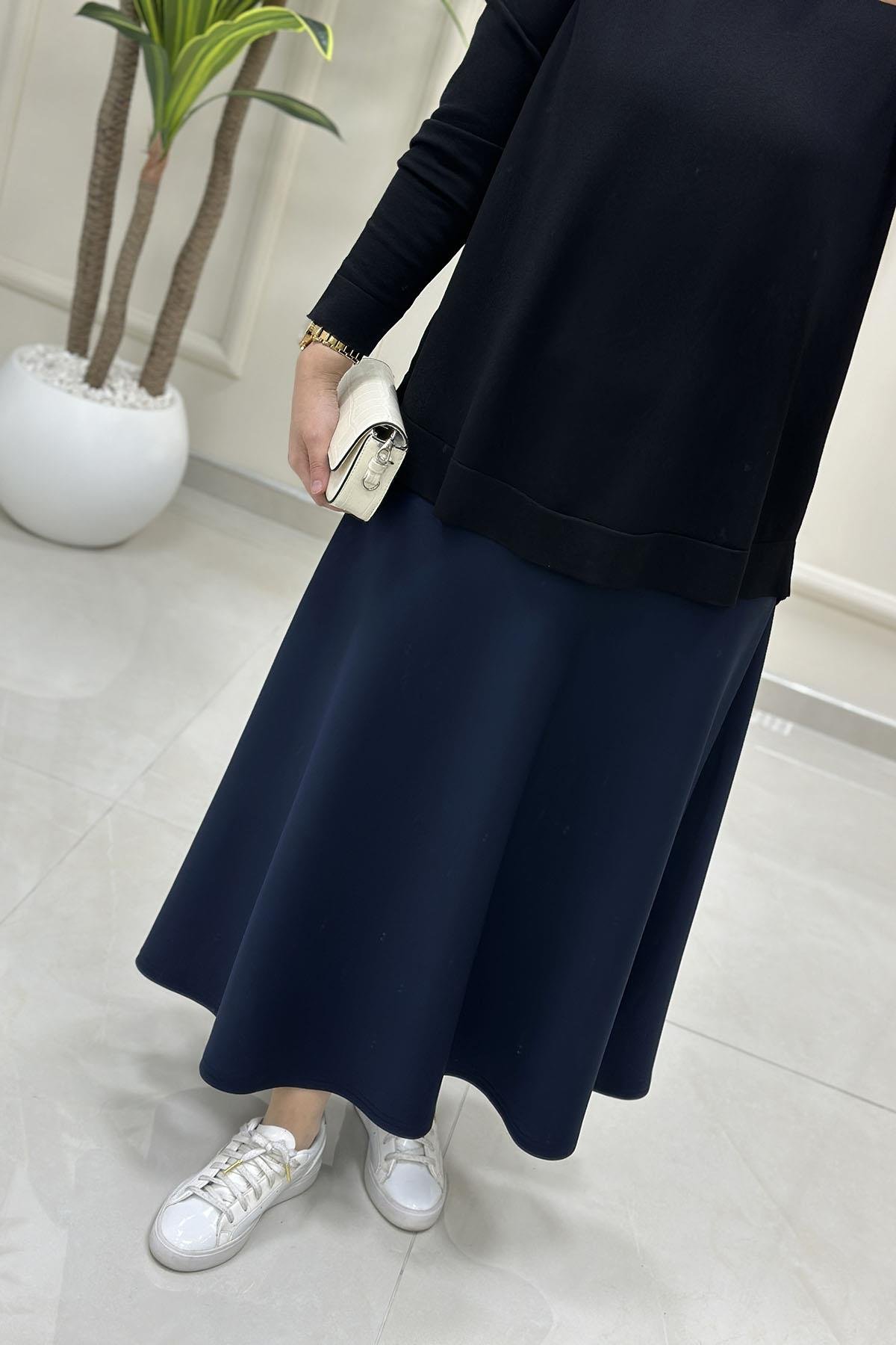 Tesettür EtekBeli Lastikli A Kesim Scuba Etek Lacivert AVZ 2600