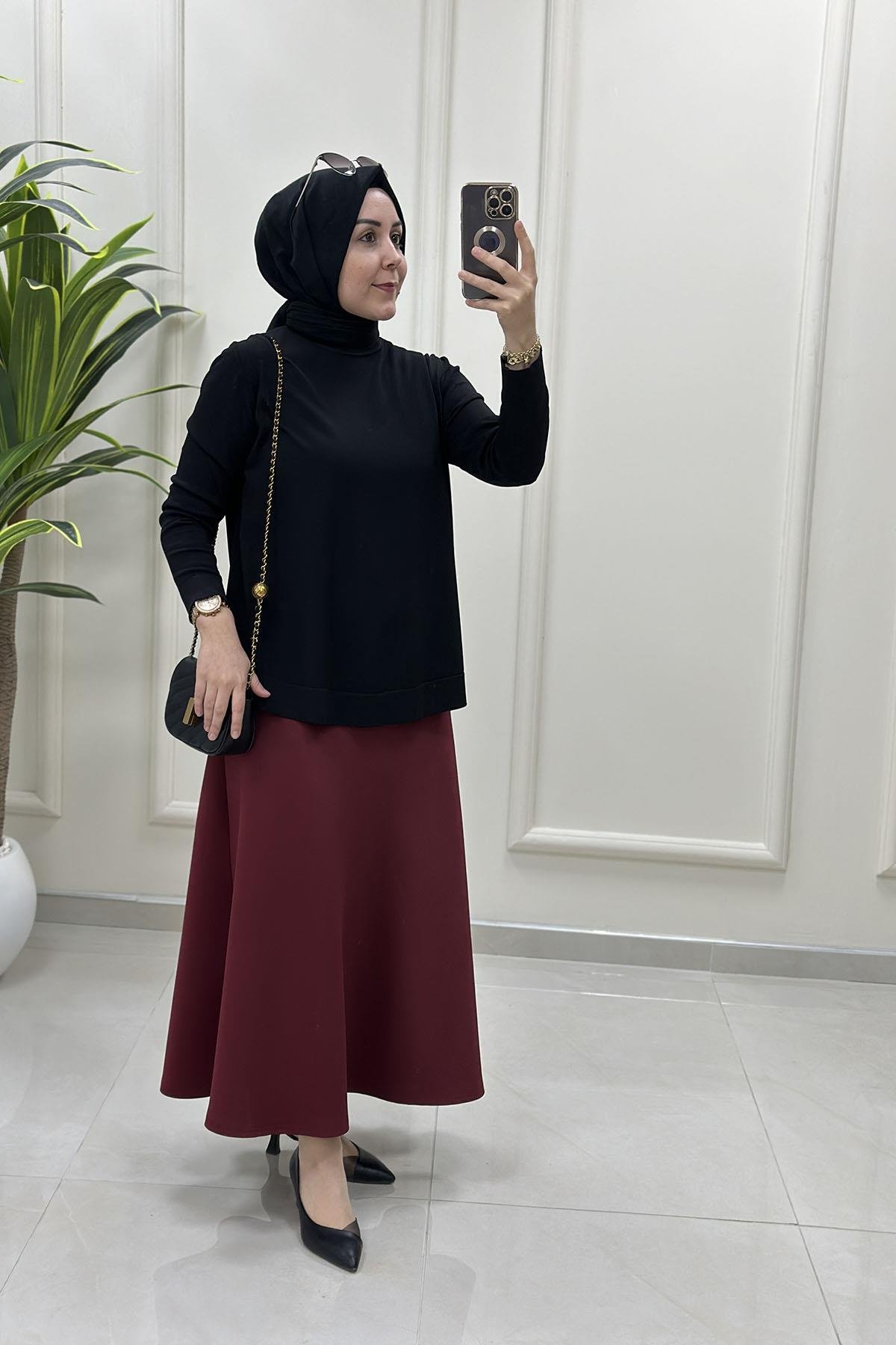 Tesettür EtekBeli Lastikli A Kesim Scuba Etek Bordo AVZ 2600