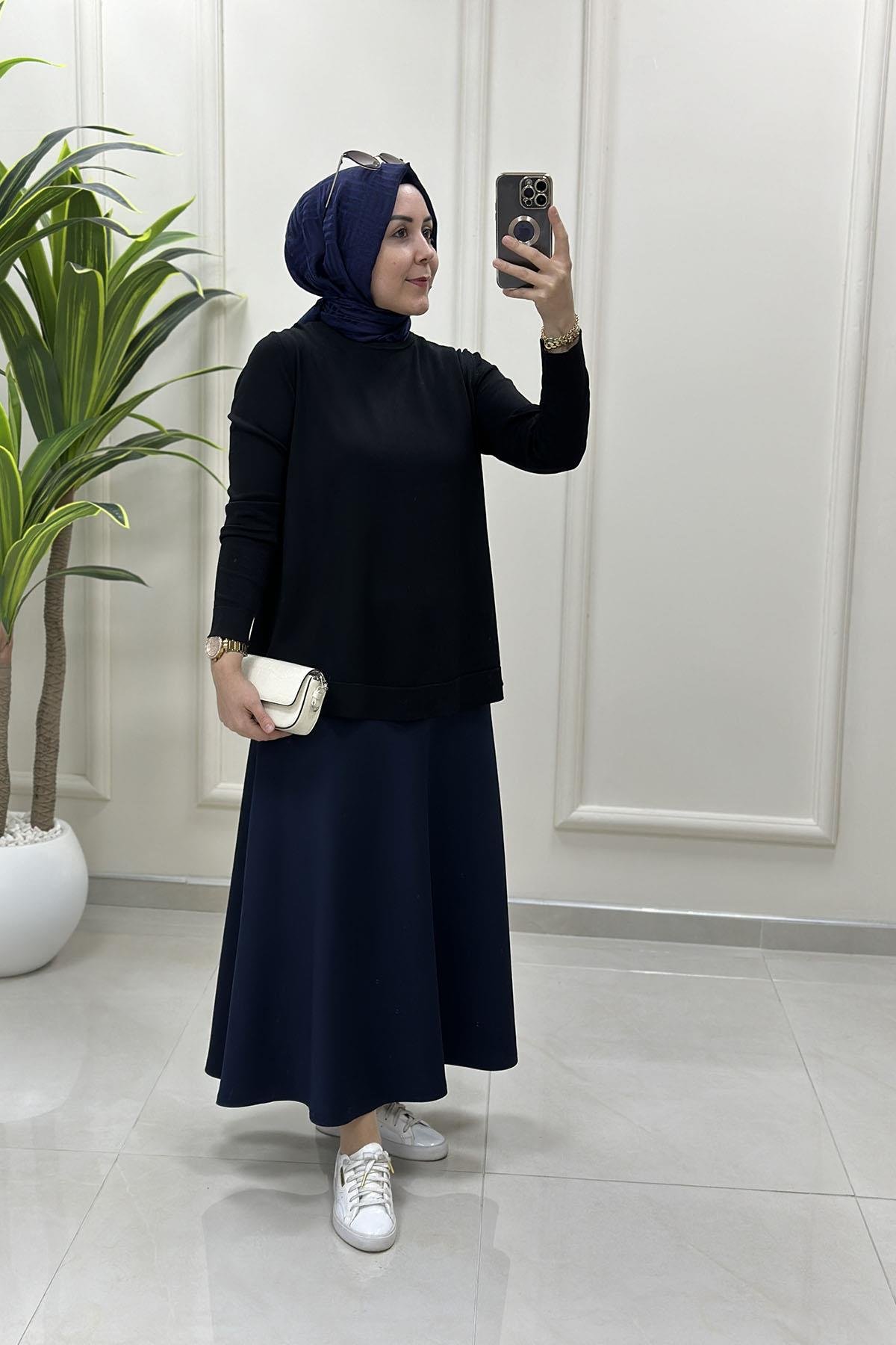 Tesettür EtekBeli Lastikli A Kesim Scuba Etek Lacivert AVZ 2600