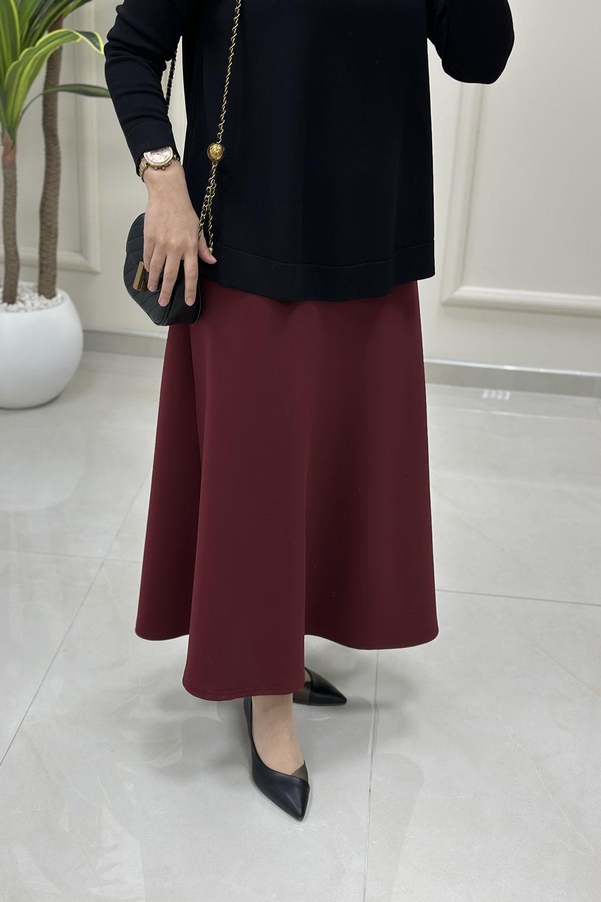 Tesettür EtekBeli Lastikli A Kesim Scuba Etek Bordo AVZ 2600