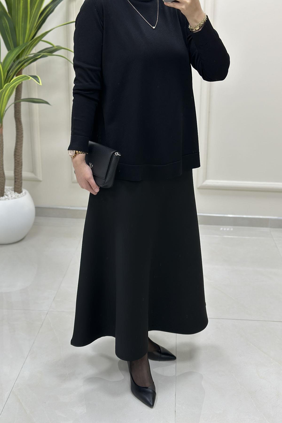 Tesettür EtekBeli Lastikli A Kesim Scuba Etek Siyah AVZ 2600