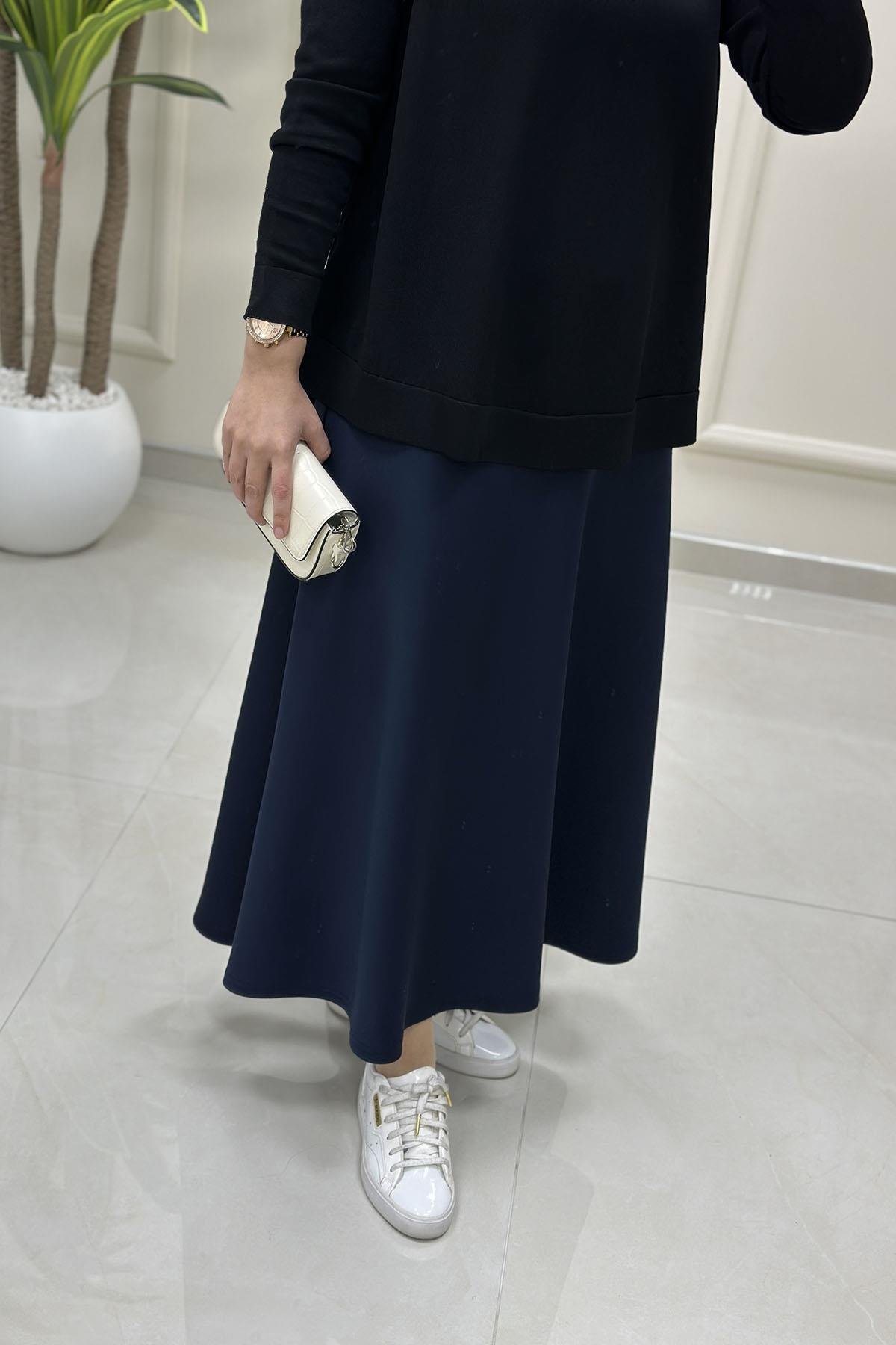 Tesettür EtekBeli Lastikli A Kesim Scuba Etek Lacivert AVZ 2600
