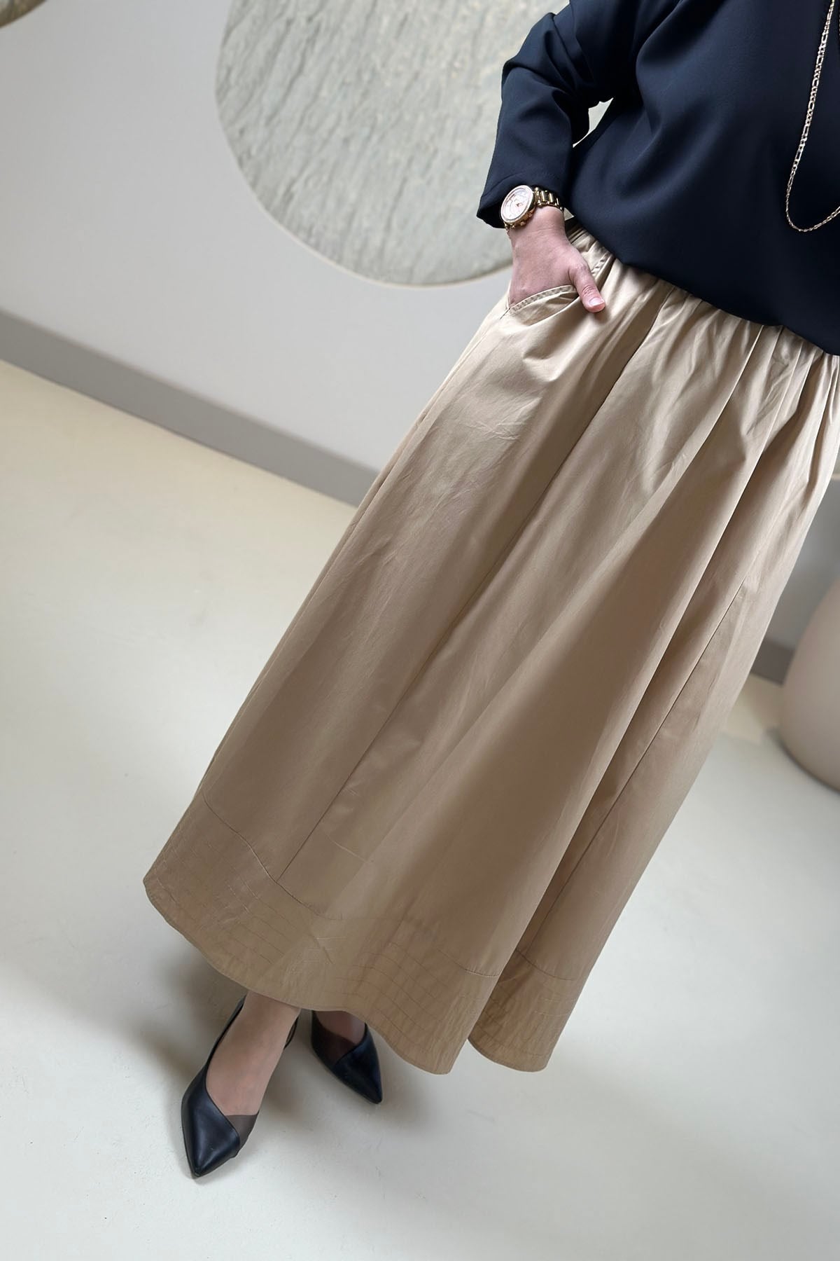 Tesettür EtekBeli Lastikli Cepli Kadın Poplin Etek Camel BLUE 5020