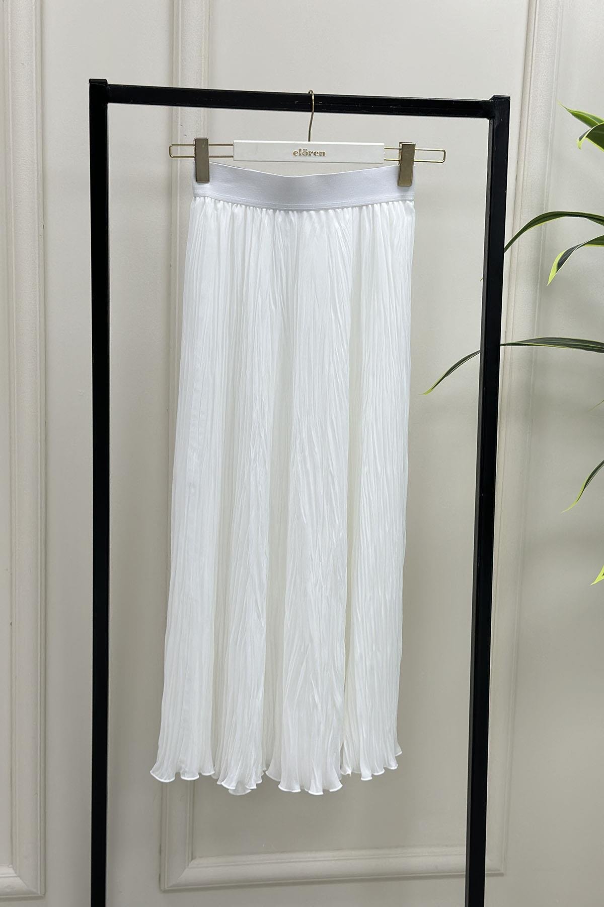 Tesettür EtekBeli Lastikli Kadın Kraş Etek Beyaz YSF 1504