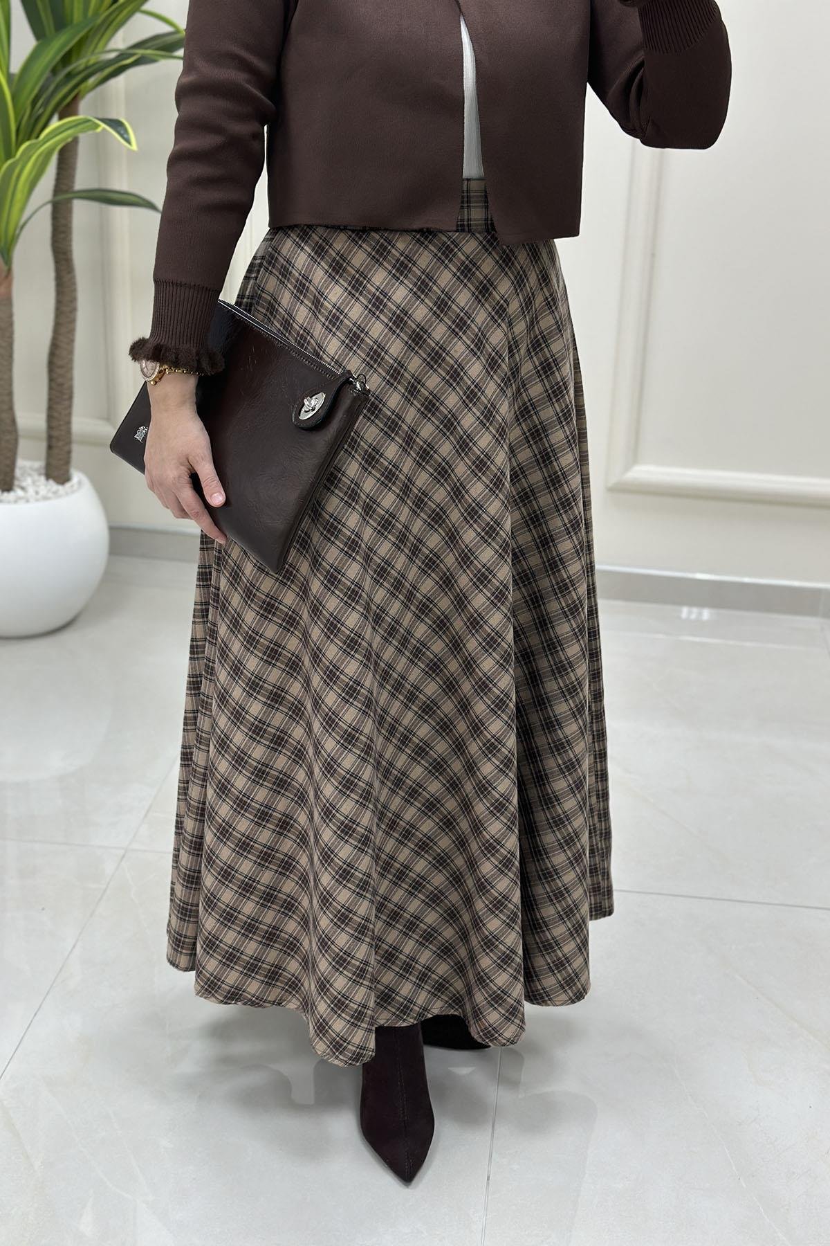 Tesettür EtekEkose Volanlı Kadın Etek Camel GNR 226