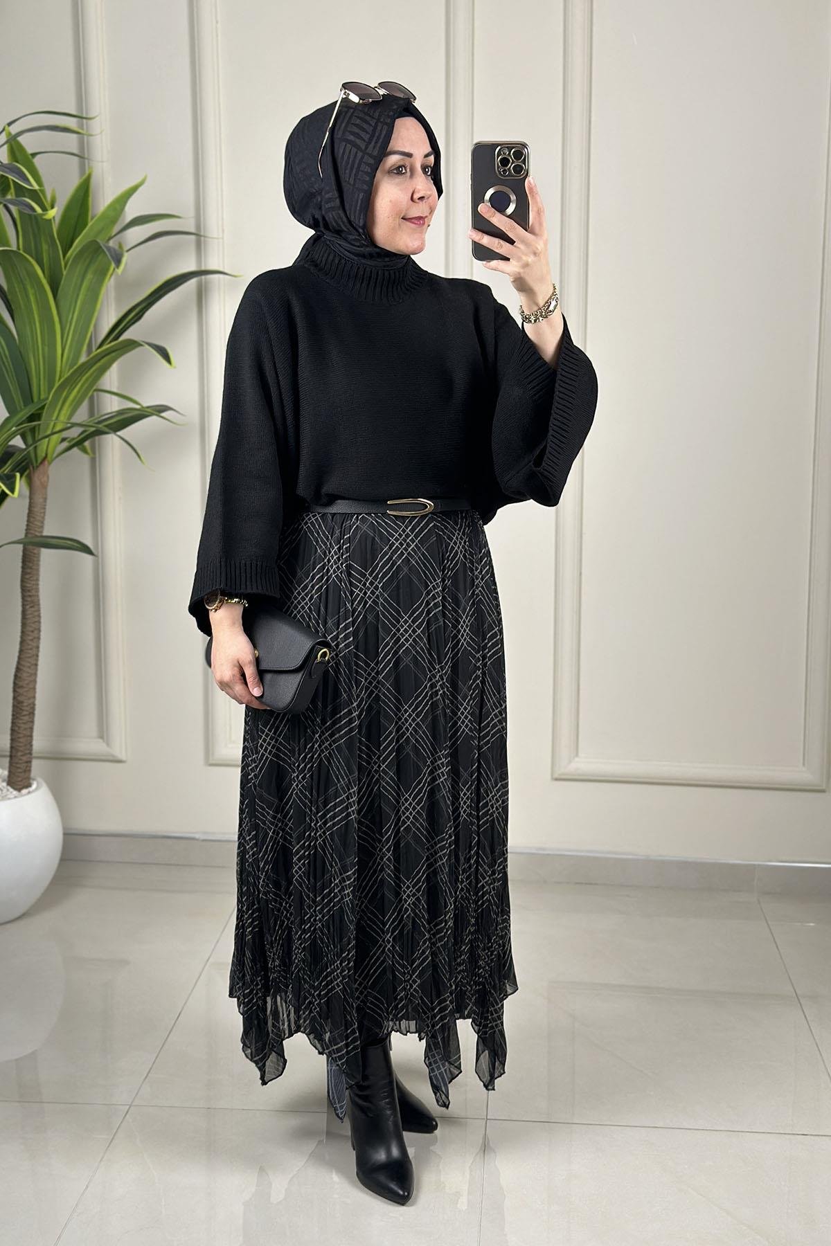Tesettür EtekKendinden Desenli Verev Kesim Kadın Şifon Etek Siyah SAGA 4073