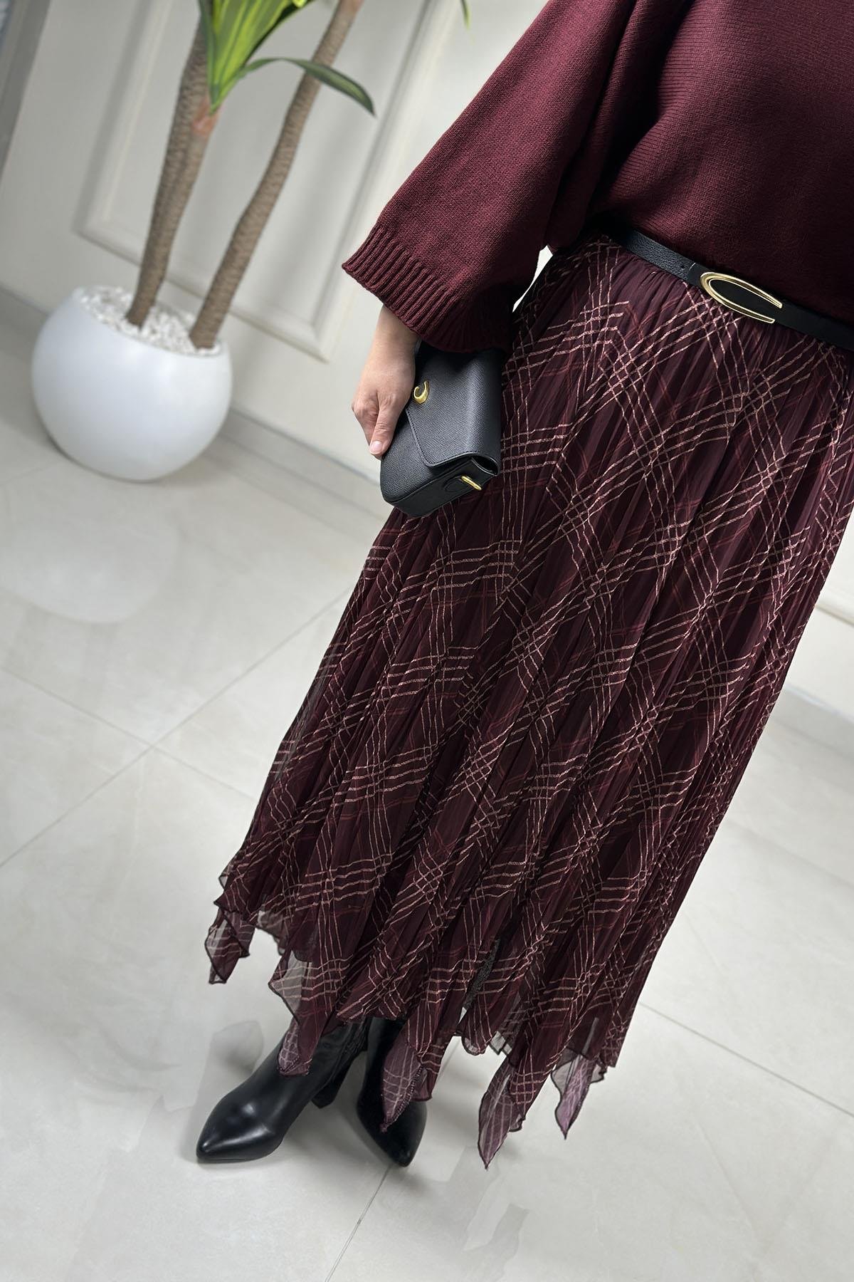 Tesettür EtekKendinden Desenli Verev Kesim Kadın Şifon Etek Bordo SAGA 4073