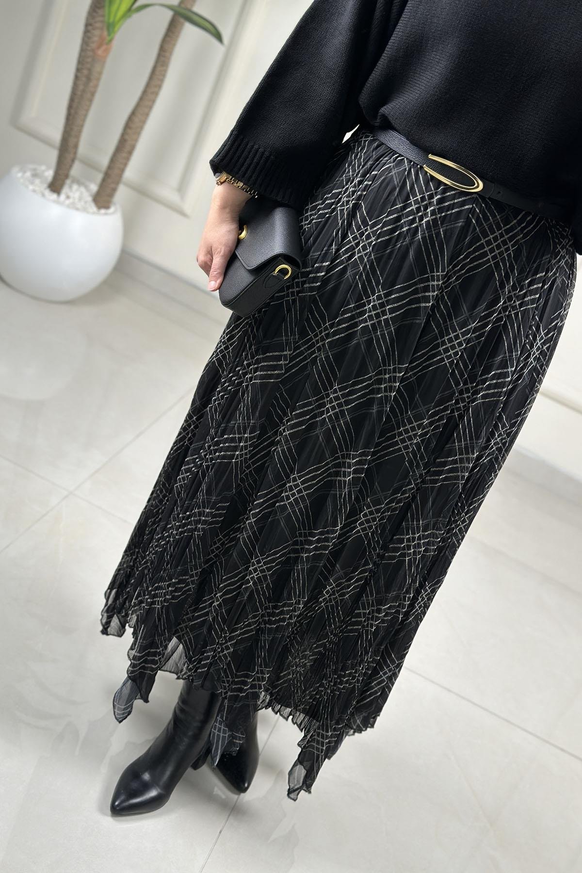 Tesettür EtekKendinden Desenli Verev Kesim Kadın Şifon Etek Siyah SAGA 4073