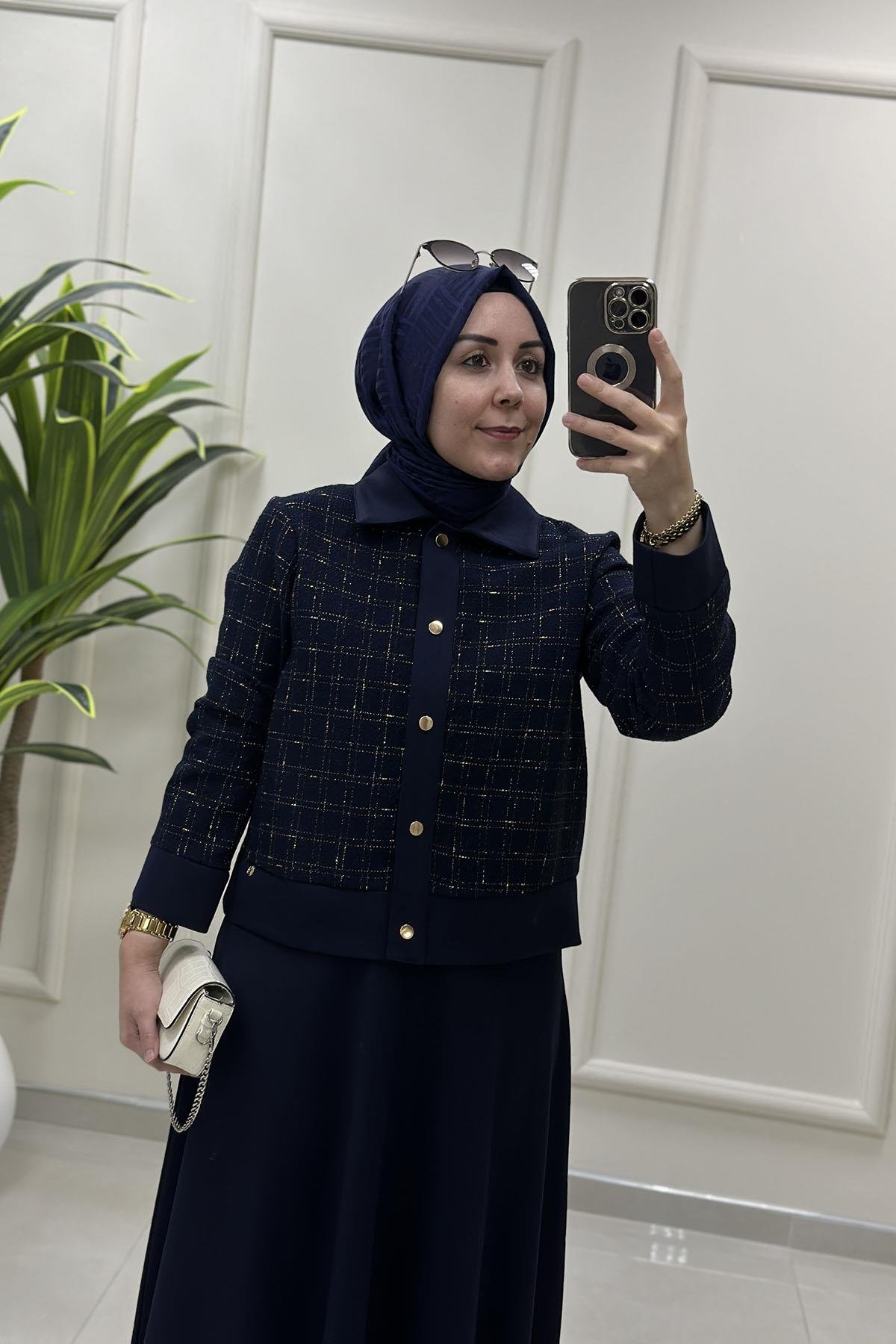 Tesettür Etekli TakımArmine Trend Tüvit Ceket ve Modal Etek Kadın İkili Takım Lacivert ARM 651