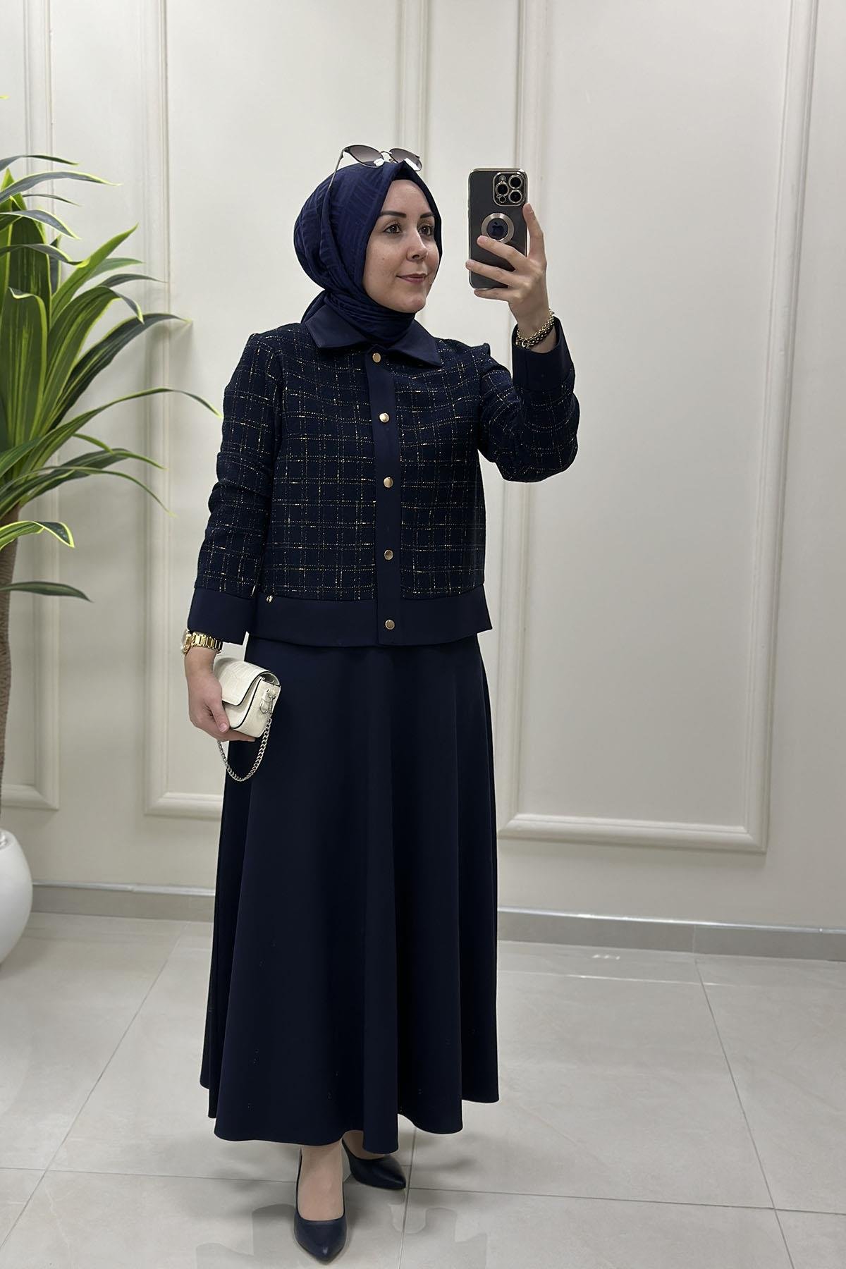 Tesettür Etekli TakımArmine Trend Tüvit Ceket ve Modal Etek Kadın İkili Takım Lacivert ARM 651