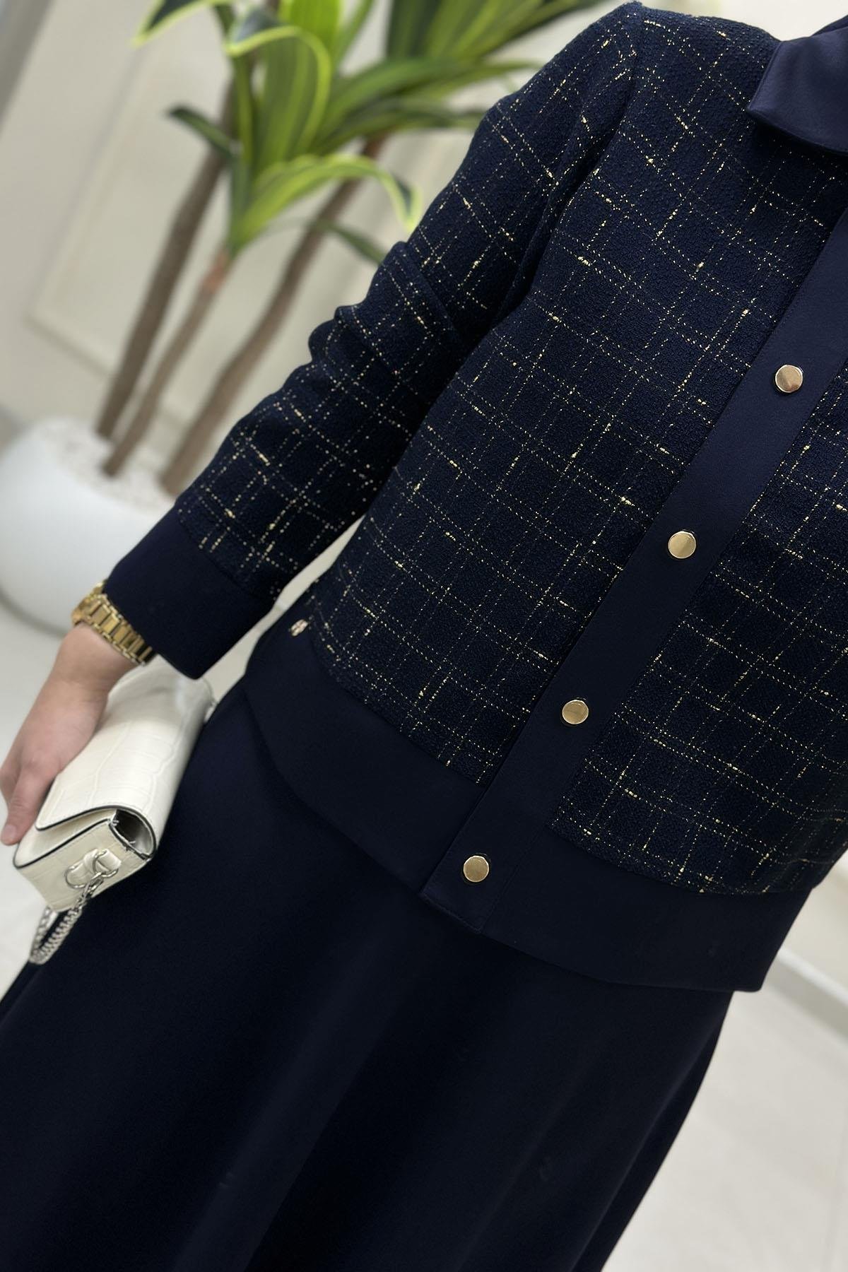 Tesettür Etekli TakımArmine Trend Tüvit Ceket ve Modal Etek Kadın İkili Takım Lacivert ARM 651