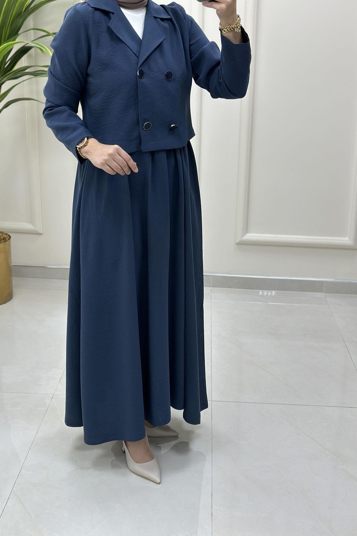 Tesettür Etekli TakımKruvaze Yaka Ceket ve Kloş Etek Kadın İkili Takım İndigo CNR 2170