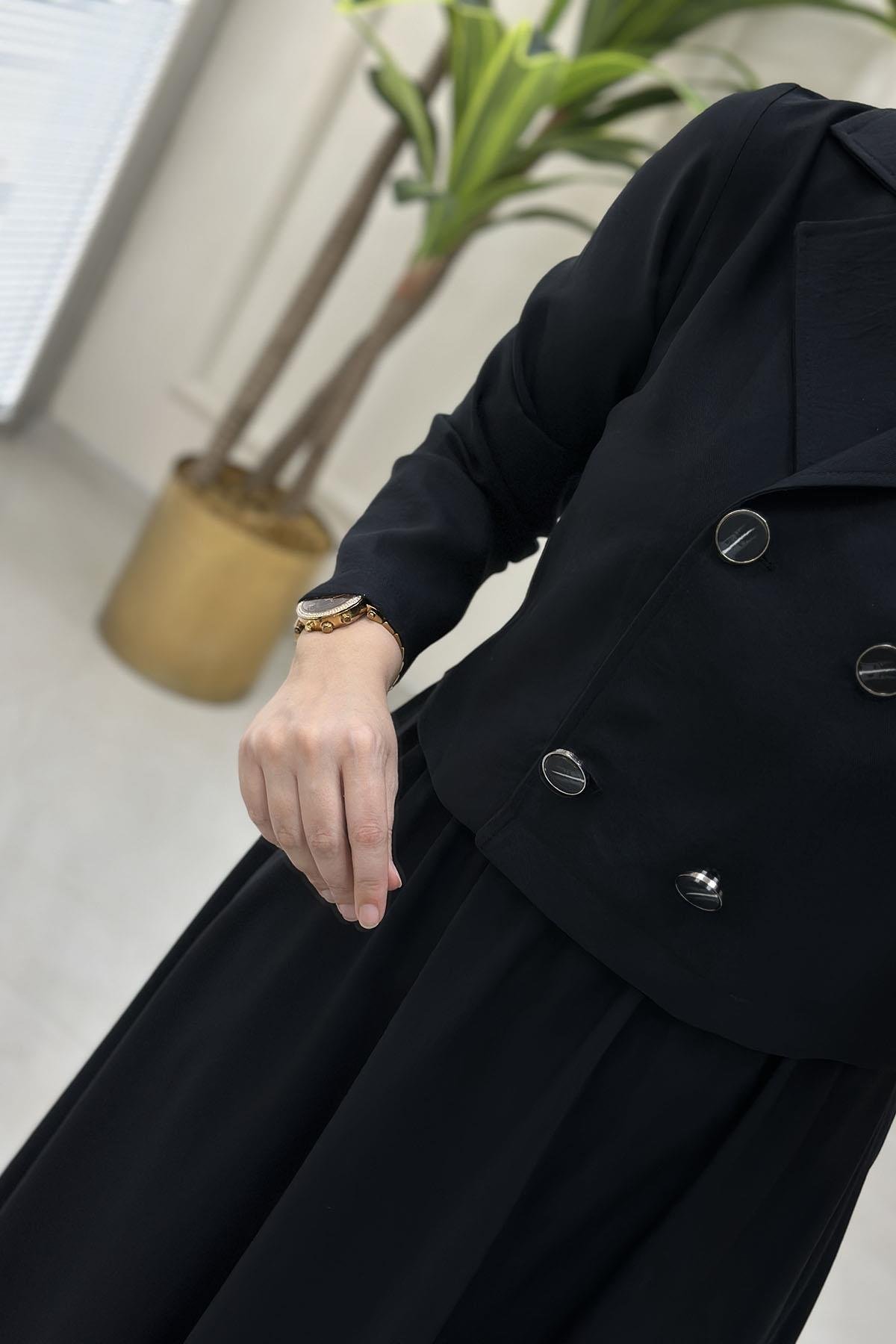 Tesettür Etekli TakımKruvaze Yaka Ceket ve Kloş Etek Kadın İkili Takım Siyah CNR 2170