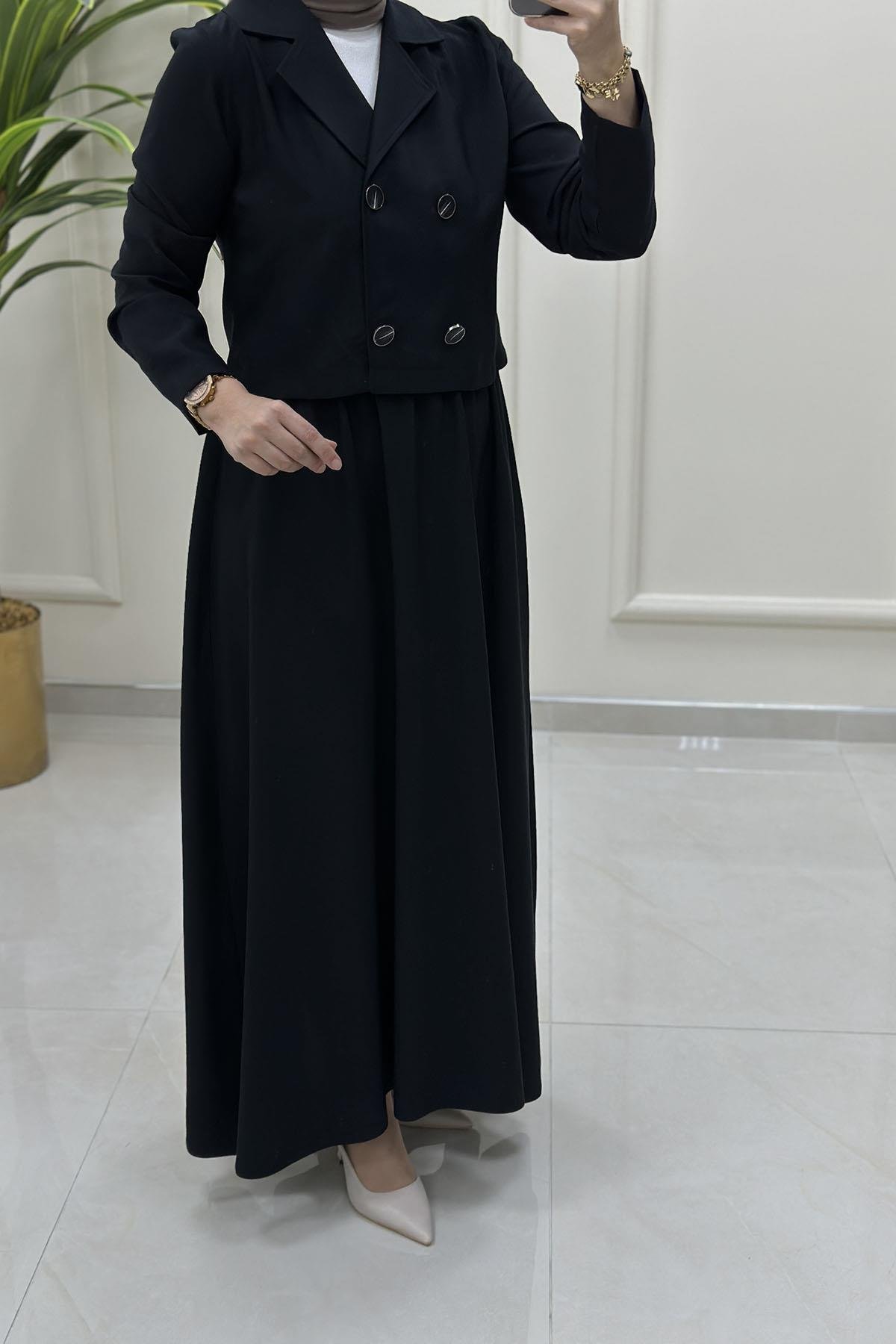 Tesettür Etekli TakımKruvaze Yaka Ceket ve Kloş Etek Kadın İkili Takım Siyah CNR 2170