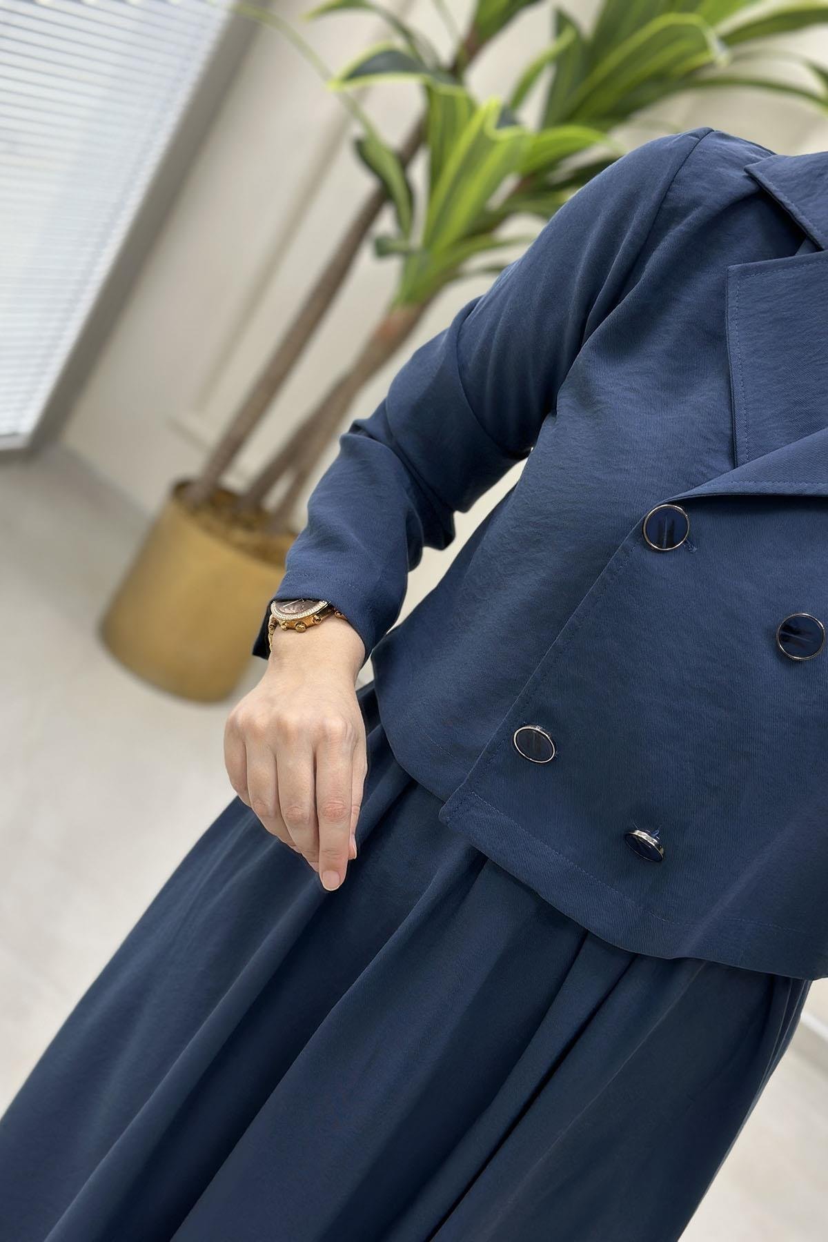 Tesettür Etekli TakımKruvaze Yaka Ceket ve Kloş Etek Kadın İkili Takım İndigo CNR 2170