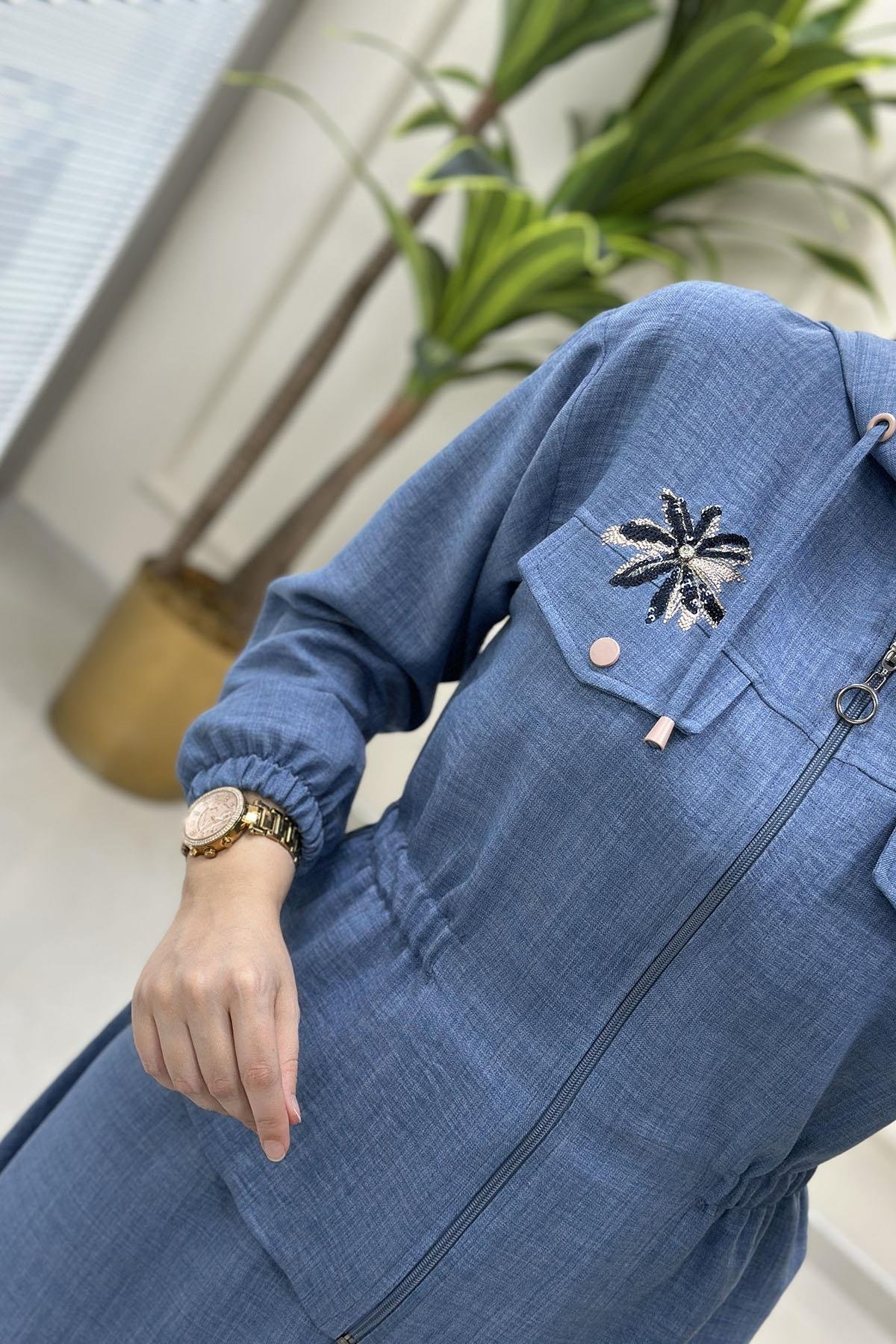 Tesettür Etekli TakımNakış Detaylı Beli Büzgülü Ceket ve Kloş Etek Kadın İkili Takım İndigo ESS 2106