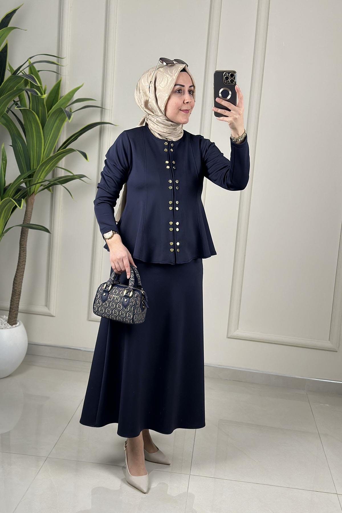 Tesettür Etekli TakımÖnü Çıtçıtlı Volanlı Ceket ve Etek Kadın İkili Takım Lacivert ARMİ 75624