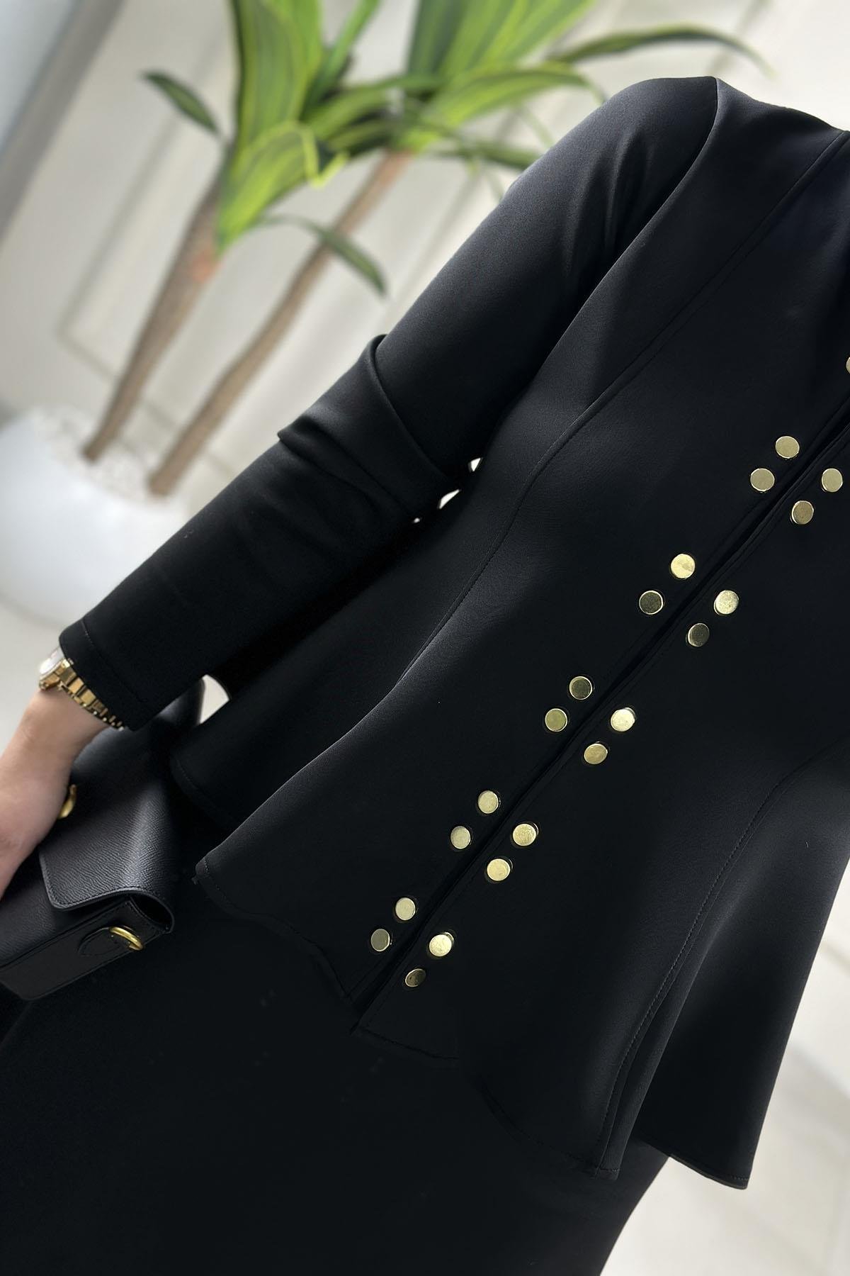 Tesettür Etekli TakımÖnü Çıtçıtlı Volanlı Ceket ve Etek Kadın İkili Takım Siyah ARMİ 75624