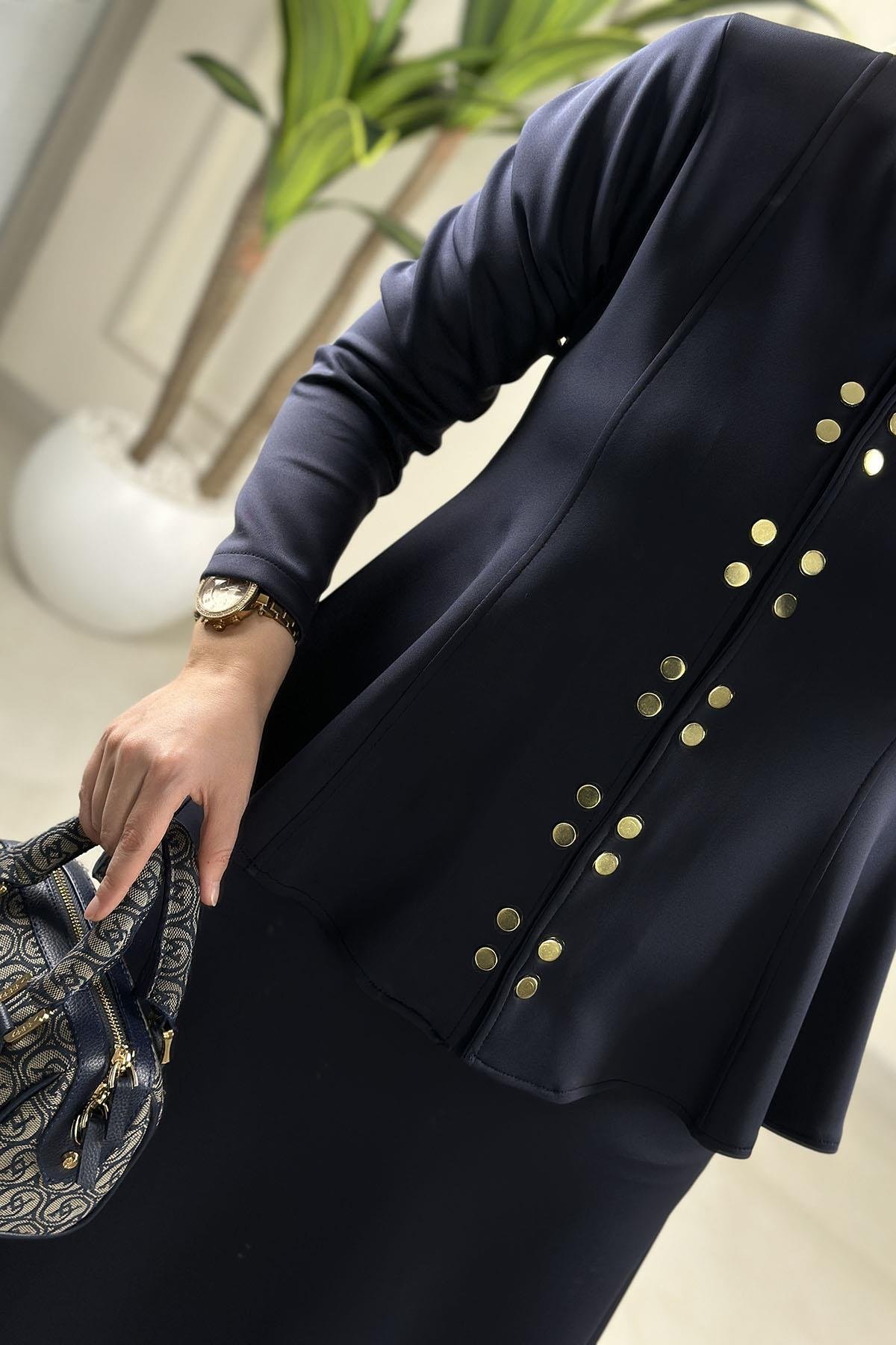 Tesettür Etekli TakımÖnü Çıtçıtlı Volanlı Ceket ve Etek Kadın İkili Takım Lacivert ARMİ 75624