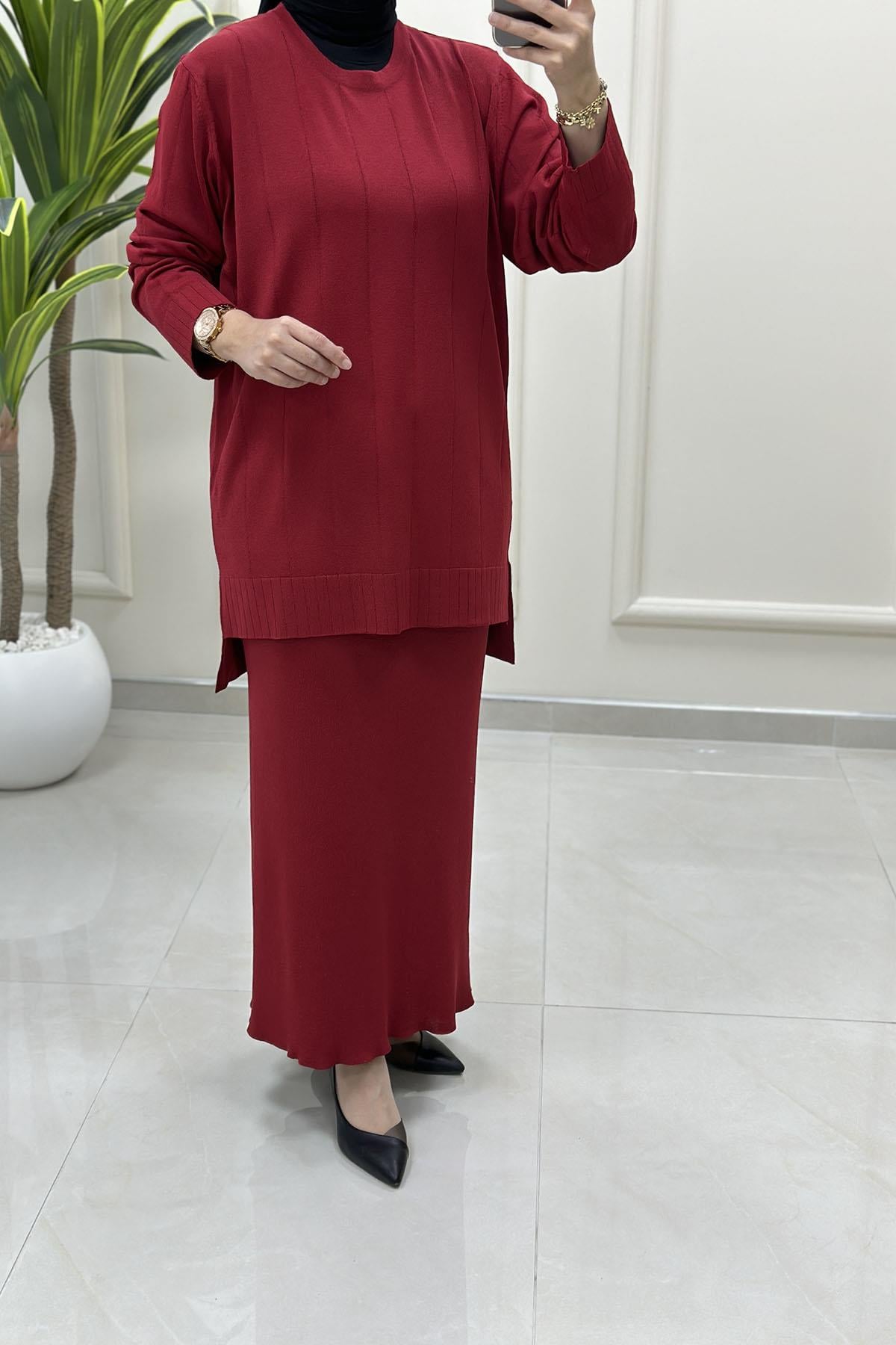 Tesettür Etekli TakımRayon Bluz ve Kalem Etek Kadın İkili Takım Bordo BLG 4902