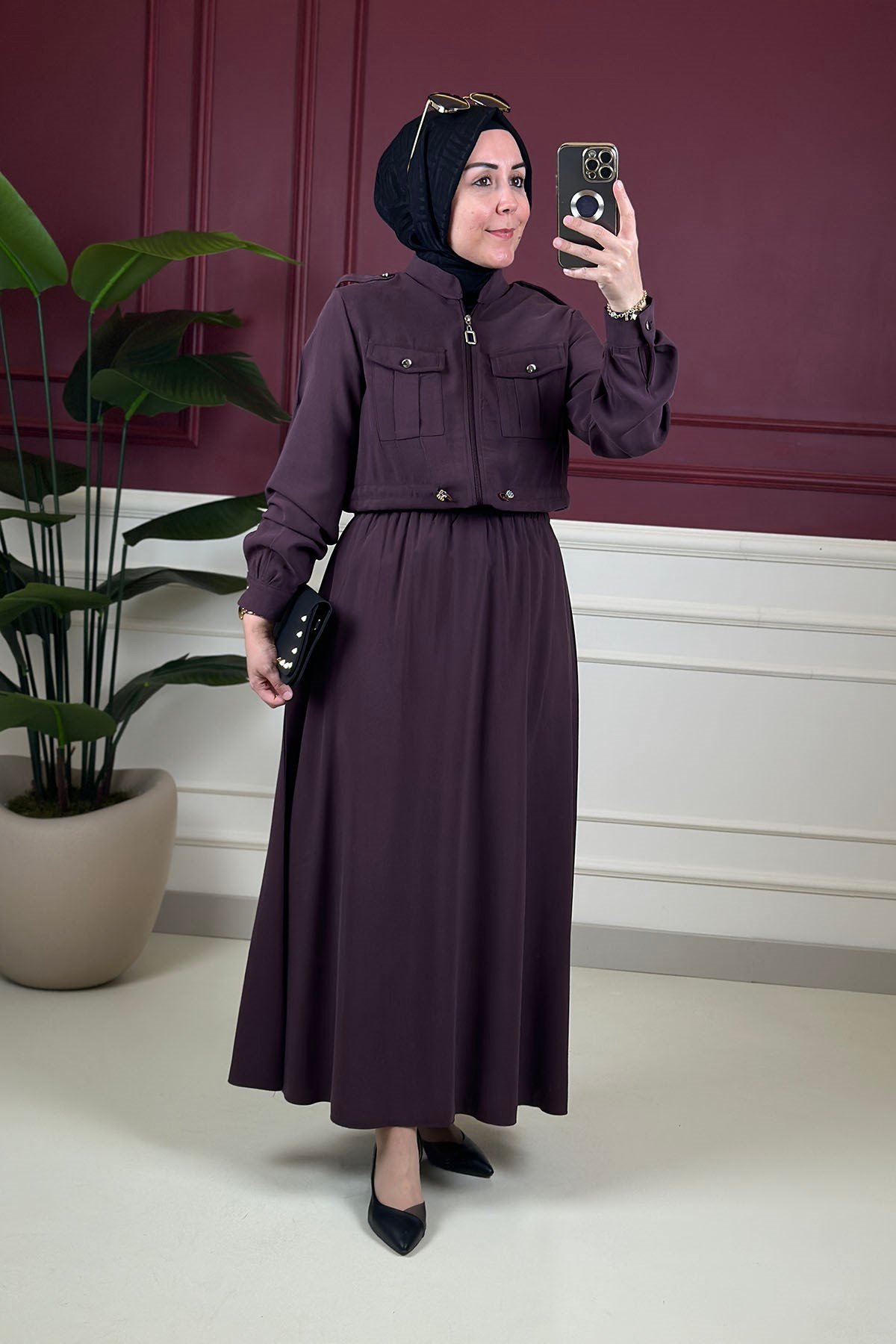 Tesettür Etekli TakımTensel Qupra Önü Fermuarlı Ceket ve Etek Kadın İkili Takım Mürdüm KADO 262522