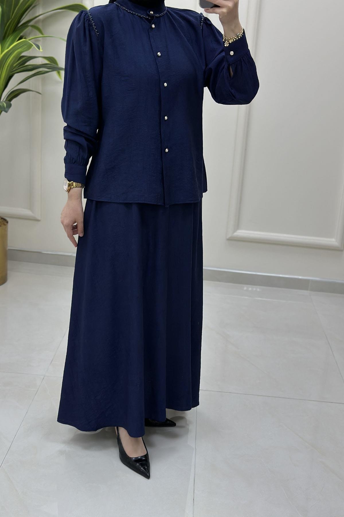 Tesettür Etekli TakımYaka ve Omuz İnci Detaylı Gömlek ve Kloş Etek Kadın İkili Takım Lacivert CNR 2176
