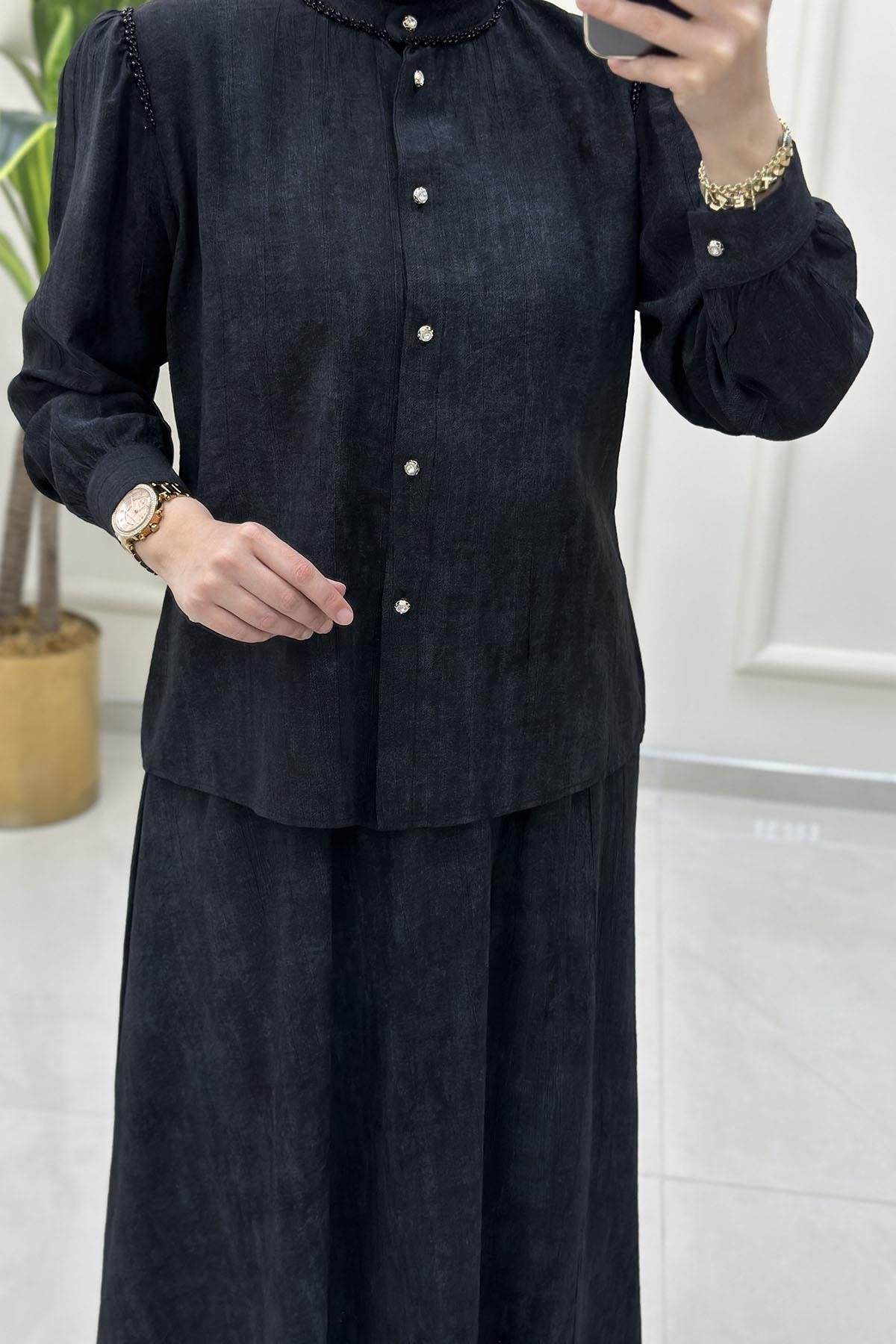 Tesettür Etekli TakımYaka ve Omuz İnci Detaylı Gömlek ve Kloş Etek Kadın İkili Takım Siyah CNR 2176