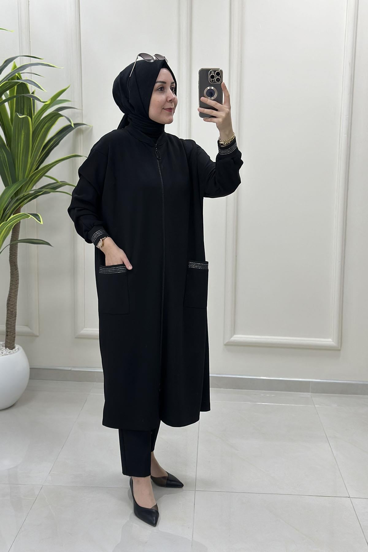 Tesettür Giy Çık KapArmine Trend Önü Fermuarlı Reglan Kol Kadın Giyçık Siyah ARM 557