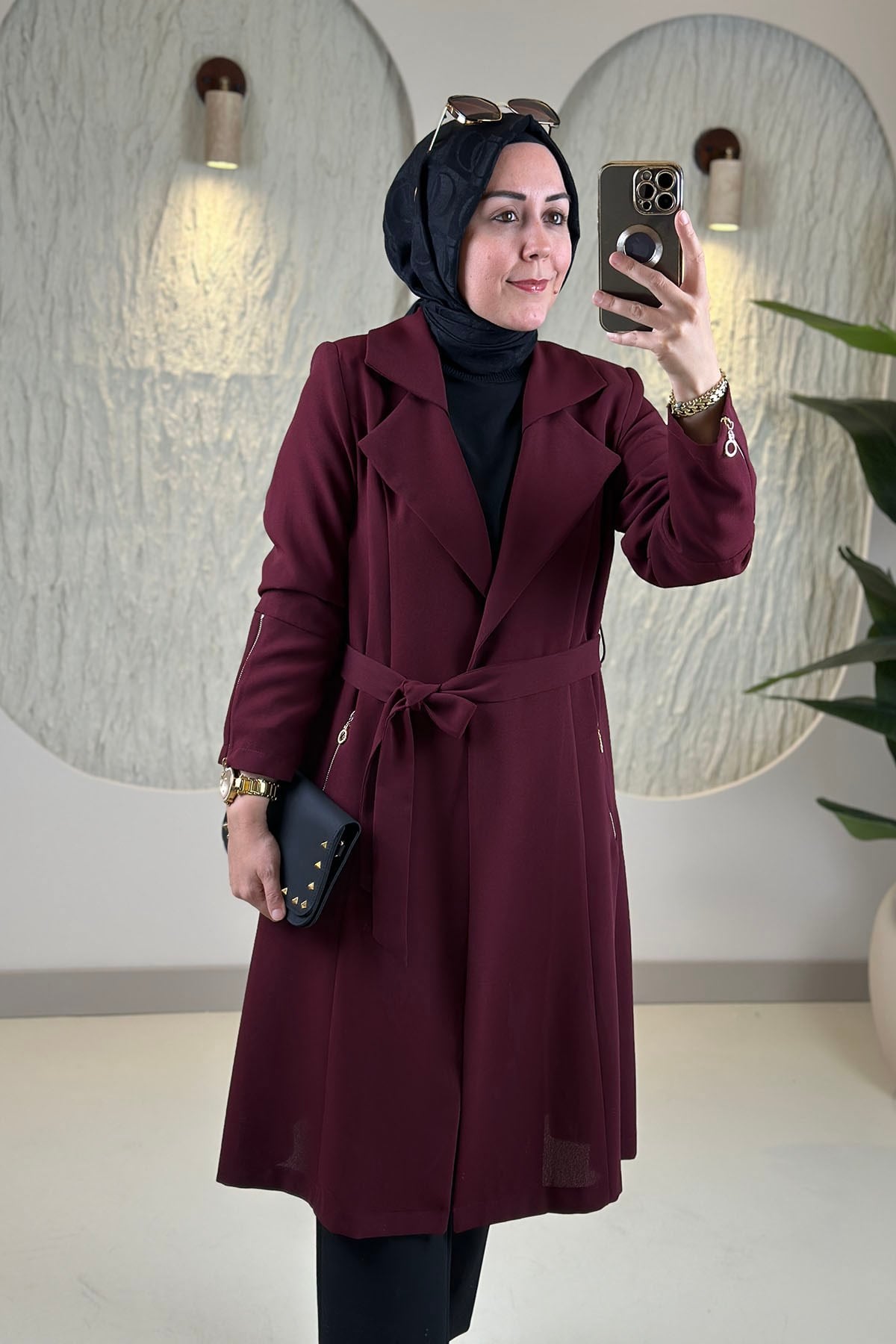 Tesettür Giy Çık KapKruvaze Yaka Kol Fermuarlı Cepli Kuşaklı Kadın Giyçık Bordo MLH 2692
